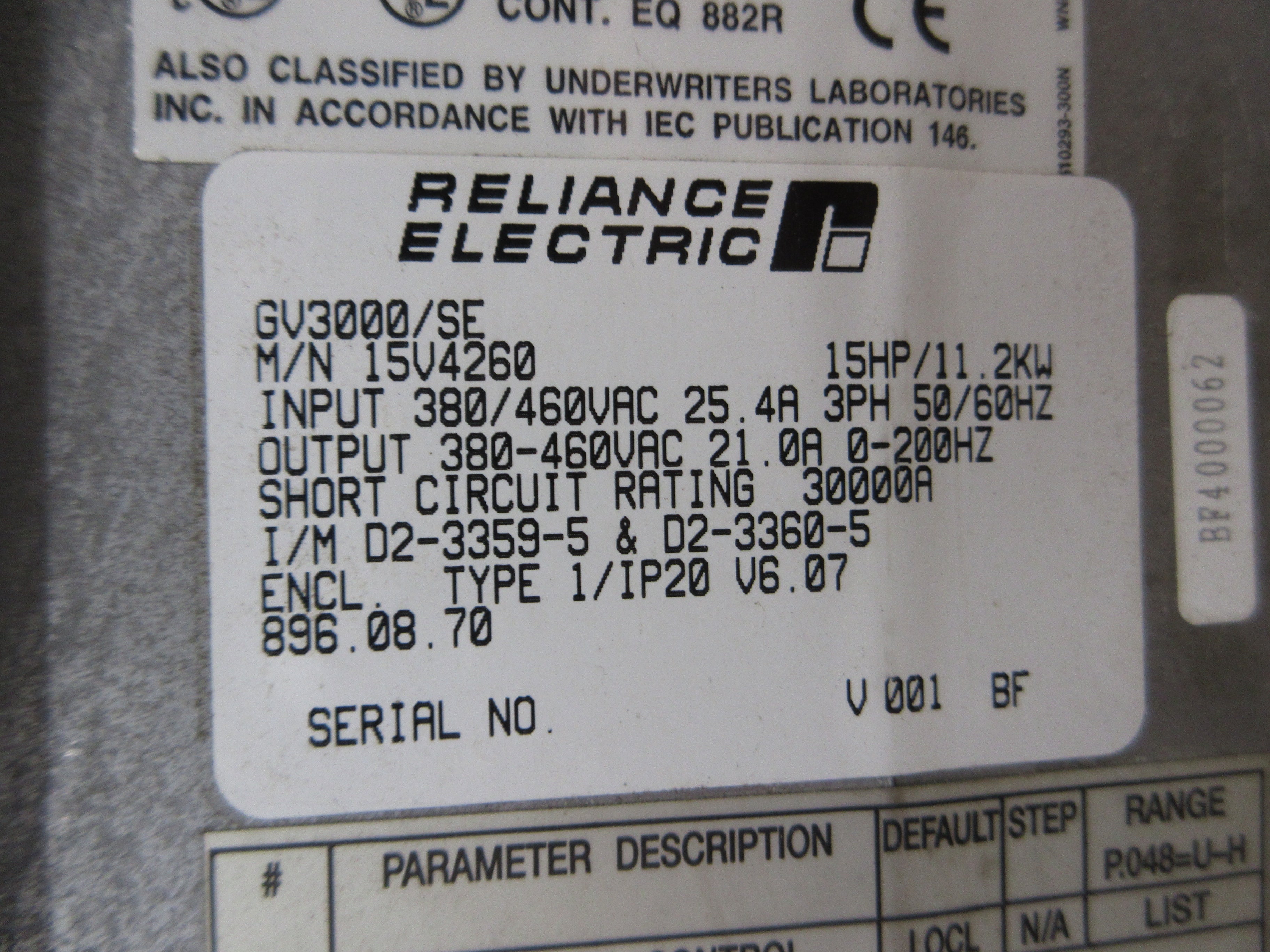 Reliance GV3000/SE AC Drive 15V4260 15HP 3Ph Used