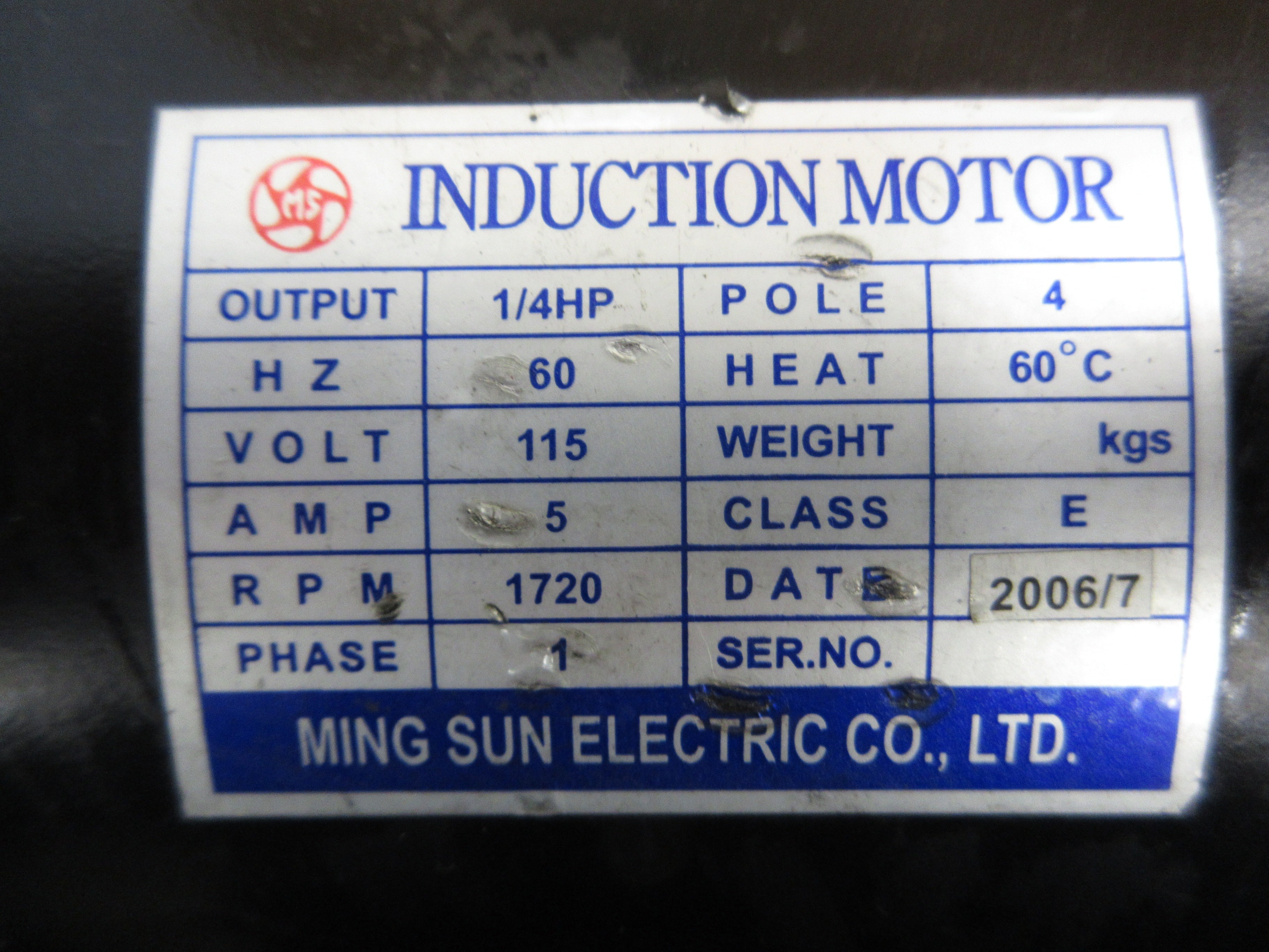Ming Sun Electric Motor 1/4HP 1800RPM 115V 5A 4P 1Ph 60Hz Used