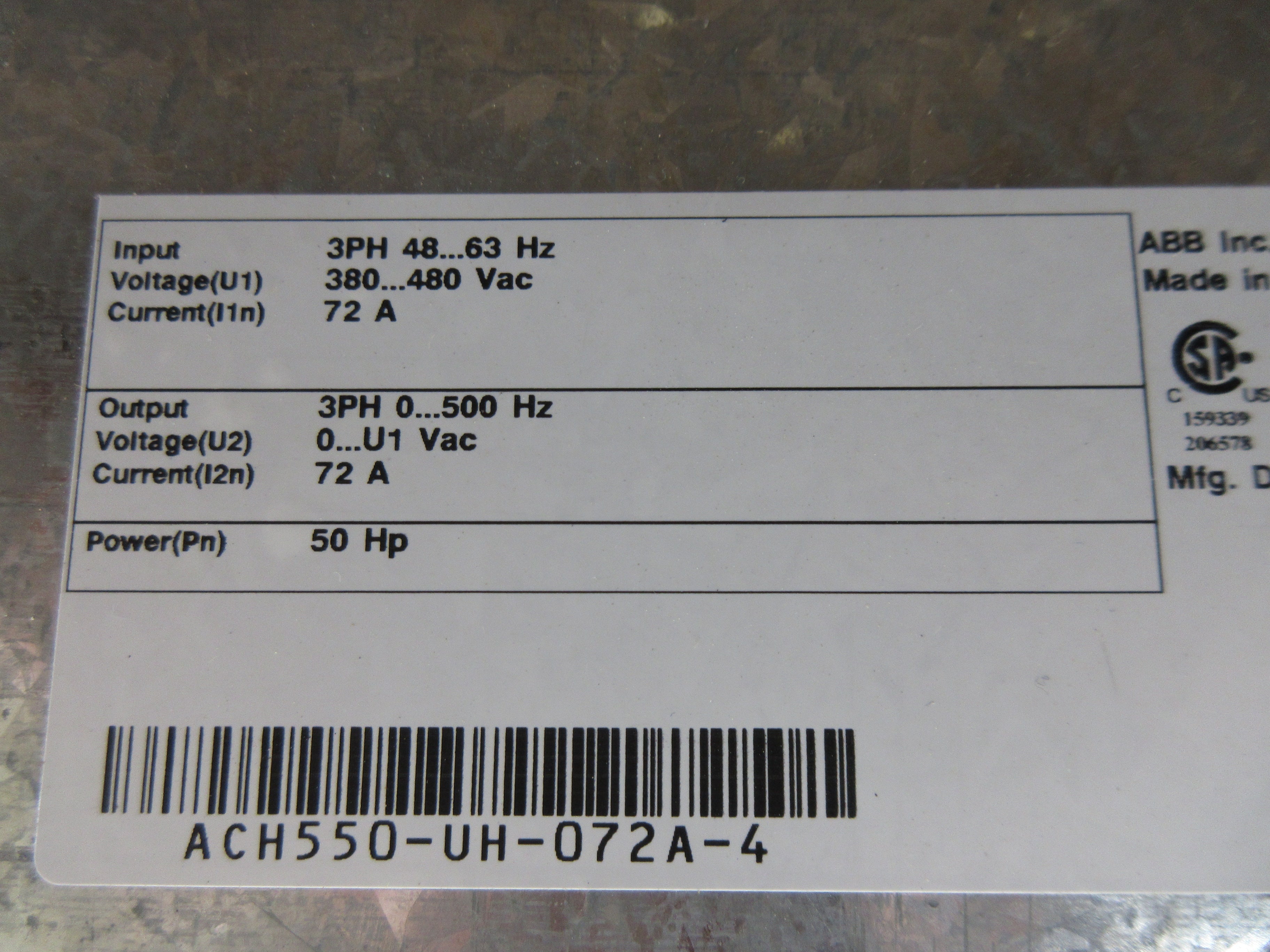 ABB ACH550 AC Drive ACH550-UH-072A-4 50HP 3Ph w/ Keypad Used