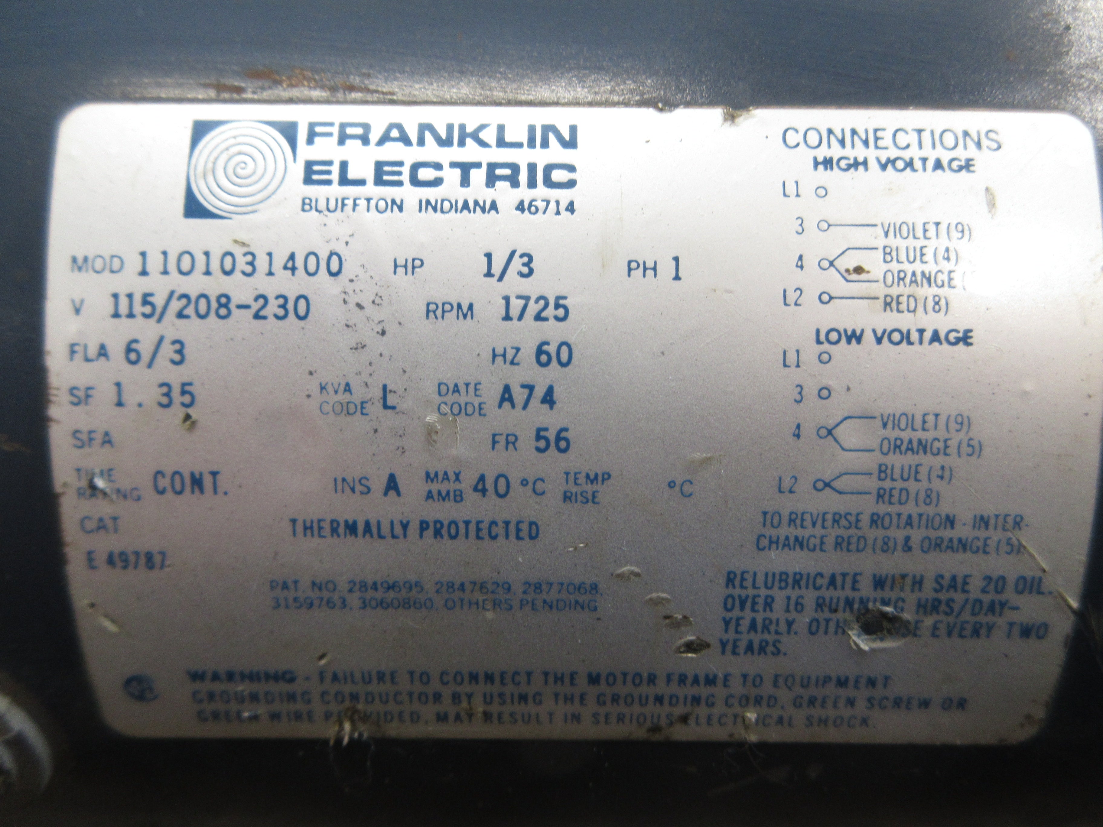 Franklin Electric Motor 1101031400 1/3HP 1800RPM 115/208-230V 6/3A 1Ph 60Hz Used