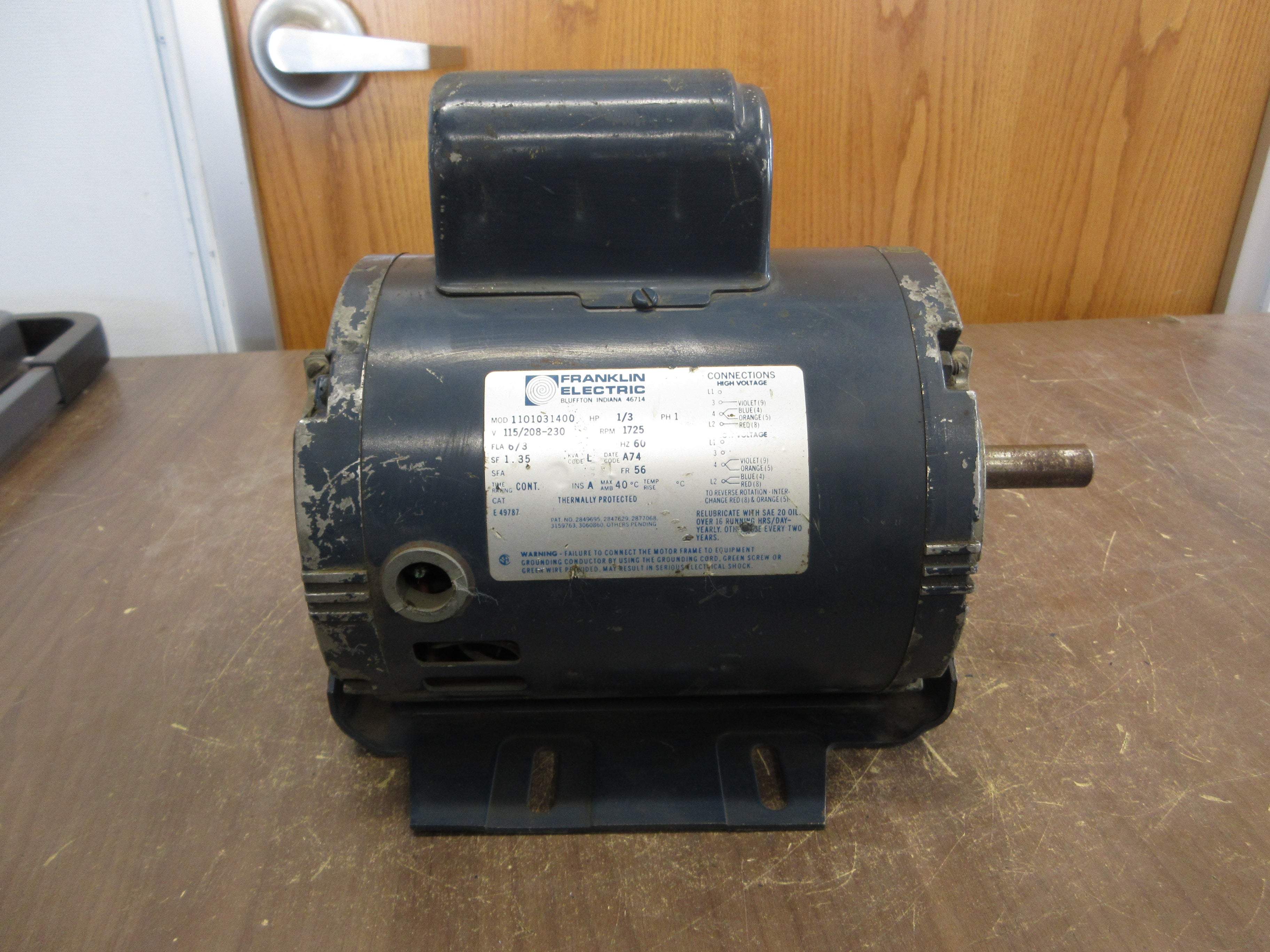 Franklin Electric Motor 1101031400 1/3HP 1800RPM 115/208-230V 6/3A 1Ph 60Hz Used