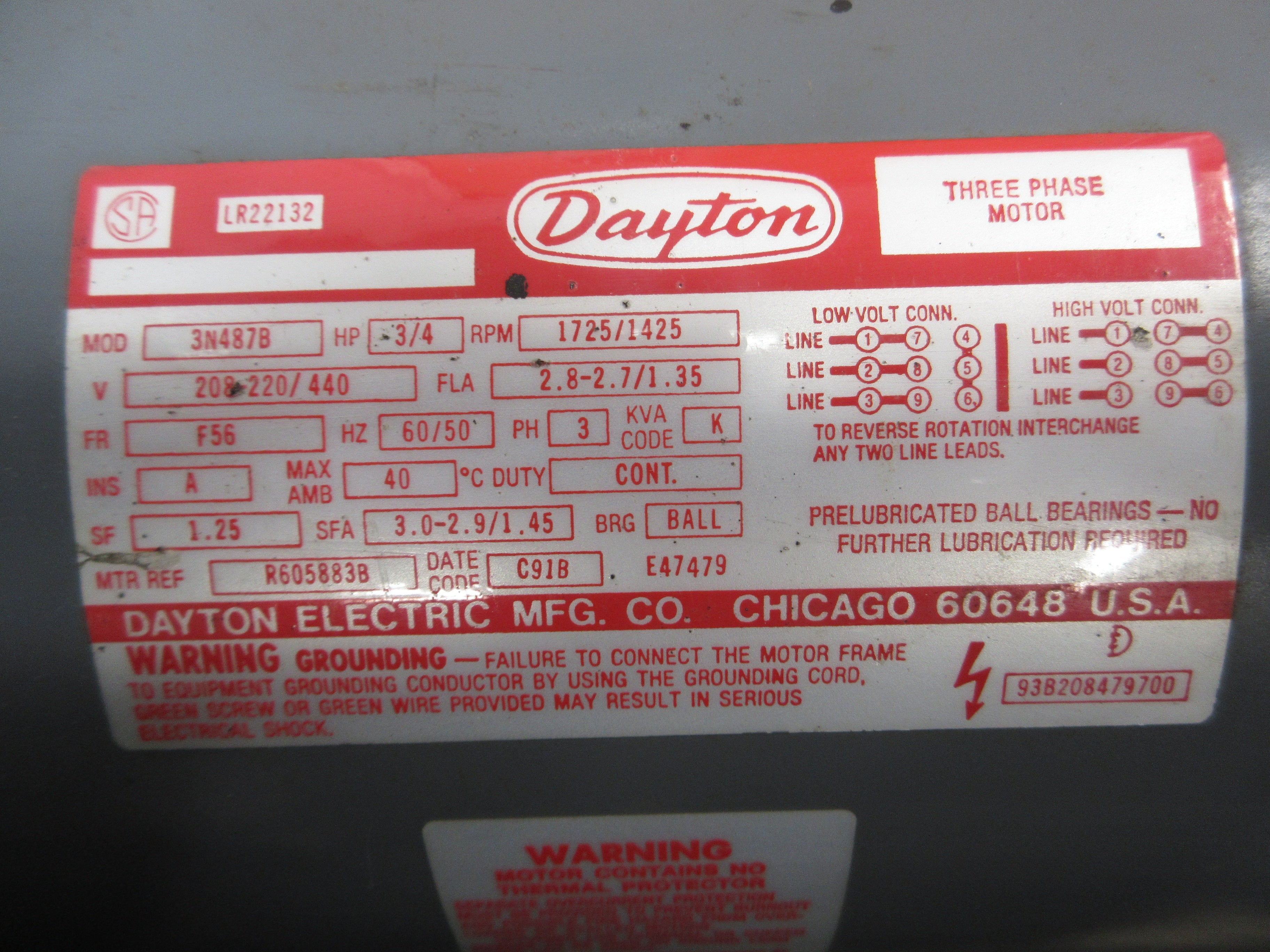 Dayton Motor 3N487B 3/4HP 1800RPM 208-220/440V 2.8-2.7/1.35A 50/60Hz 3Ph Used