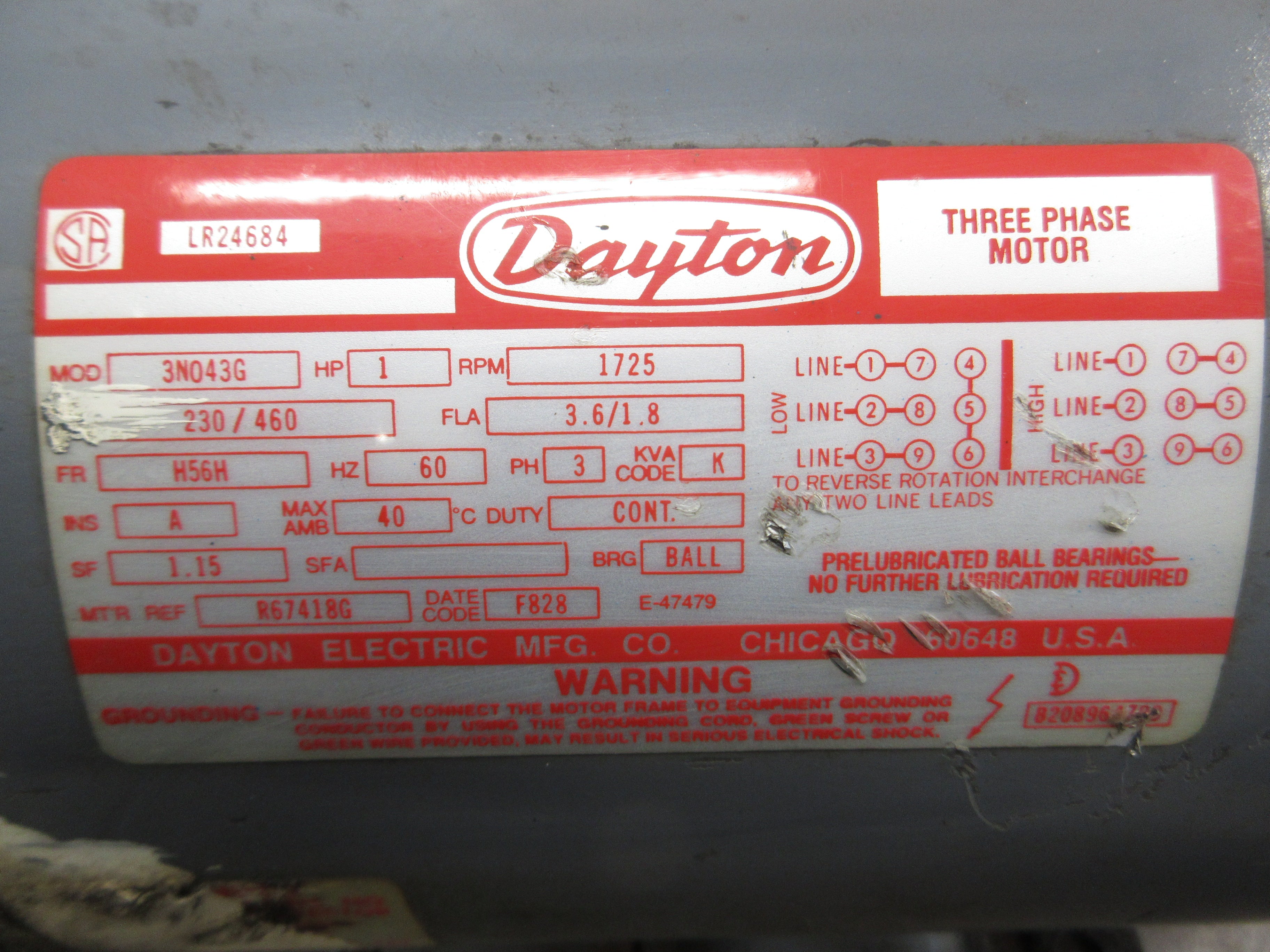 Dayton Motor 3N043G 1HP 1800RPM 230/460V 3.6/1.8A 3Ph 60Hz Used