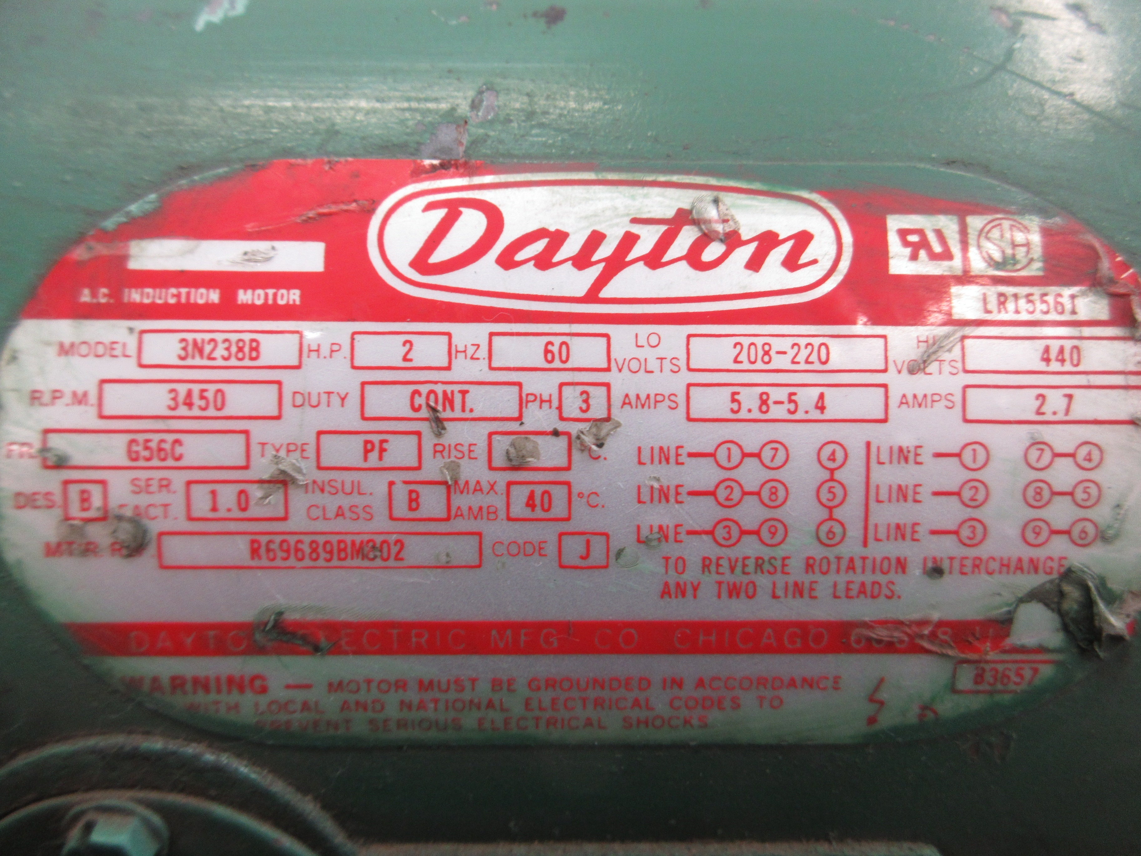 Dayton Induction Motor 3N238B 2HP 3600RPM 208-220/440V 5.8-5.4/2.7A 60Hz 3Ph