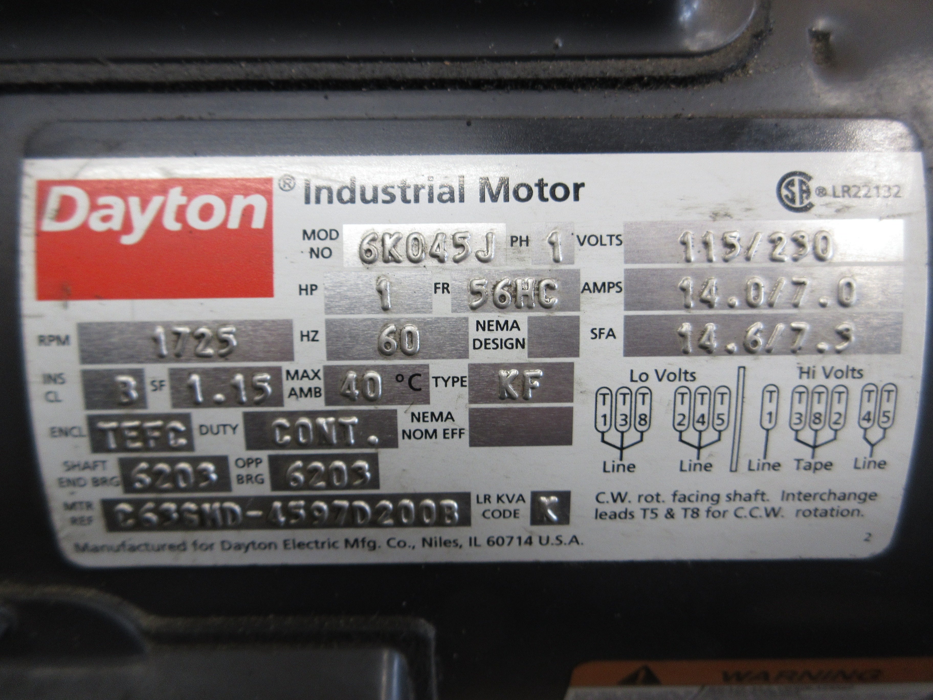 Dayton Motor 6K045J 1HP 1800RPM 115/230V 14/7A 1Ph 60Hz Frame: 56HC Used