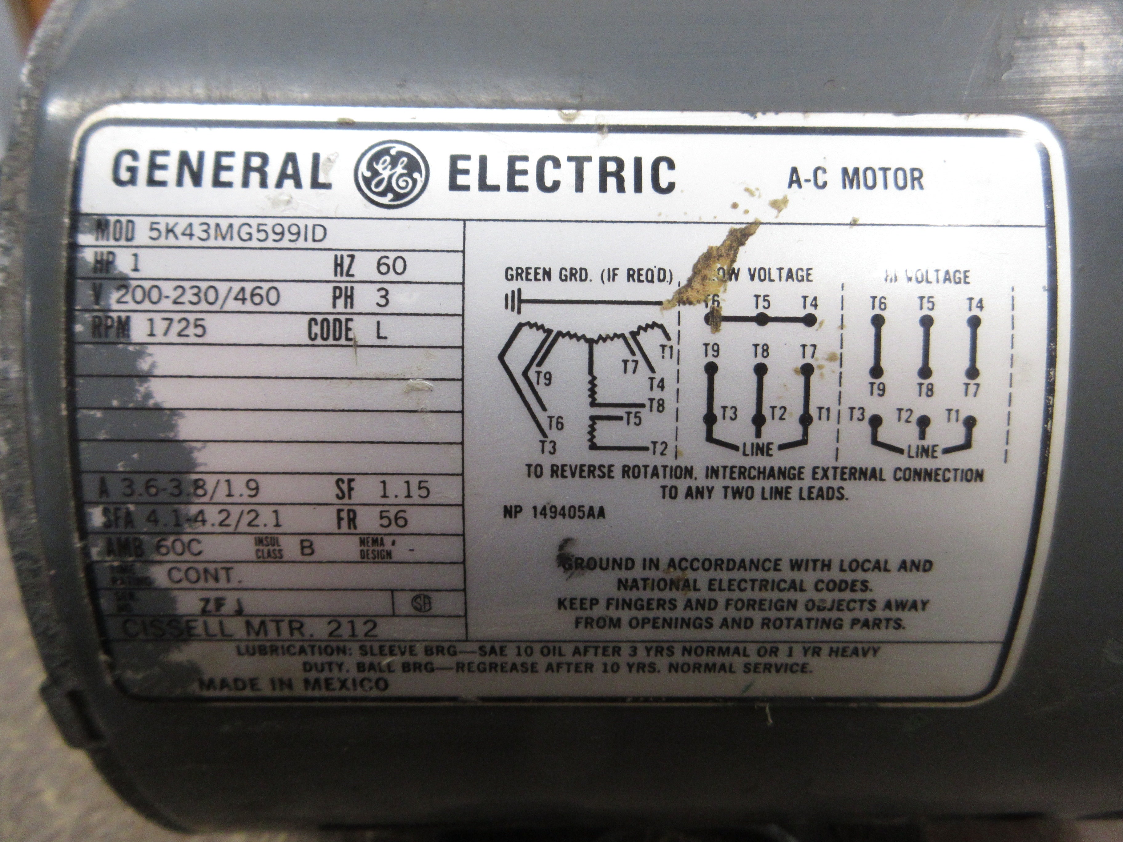 GE AC Motor 5K43MG599ID 1HP 1800RPM 200-230/460V 3.6-3.8/1.9A 60Hz 3Ph Used