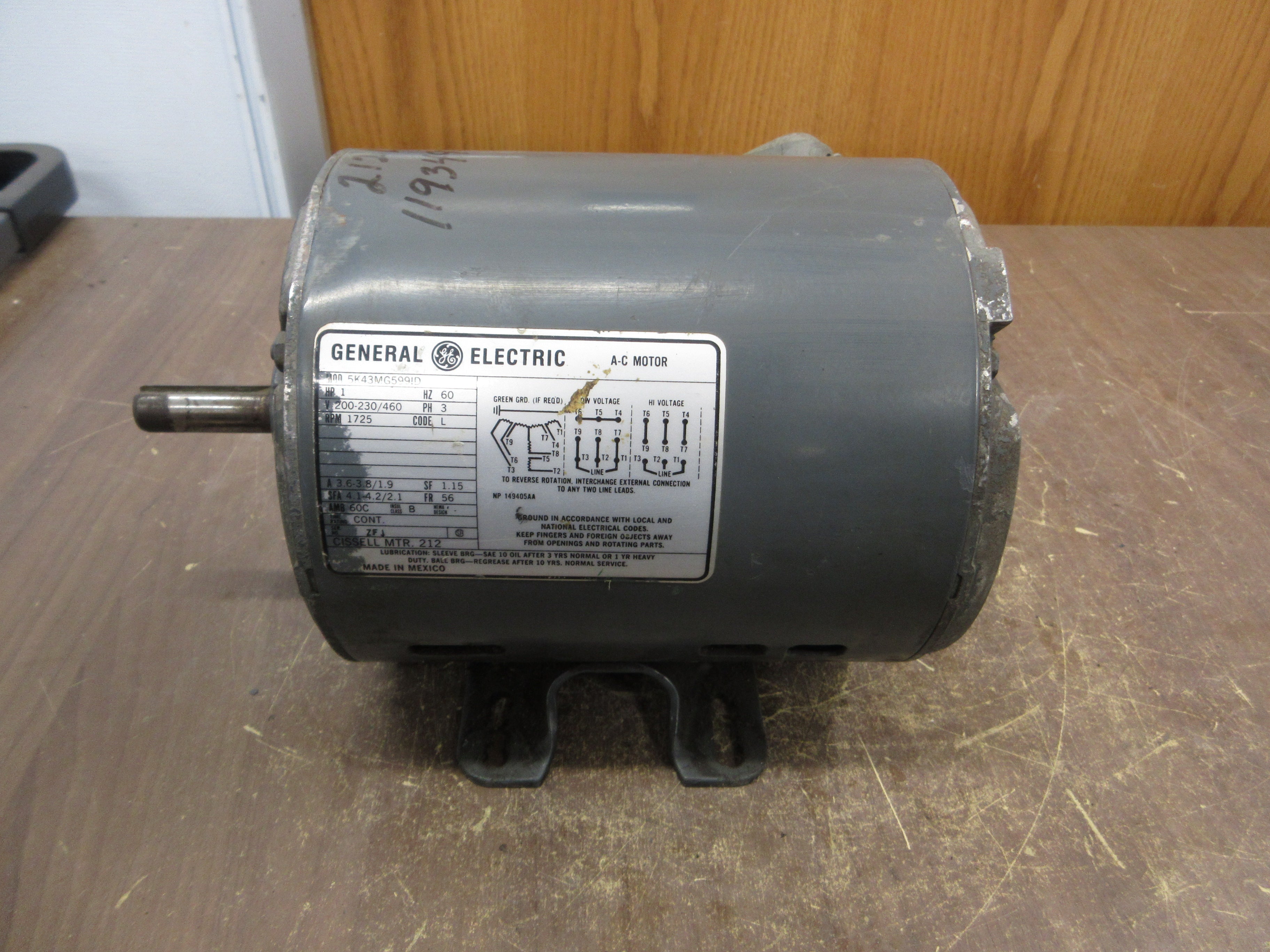 GE AC Motor 5K43MG599ID 1HP 1800RPM 200-230/460V 3.6-3.8/1.9A 60Hz 3Ph Used