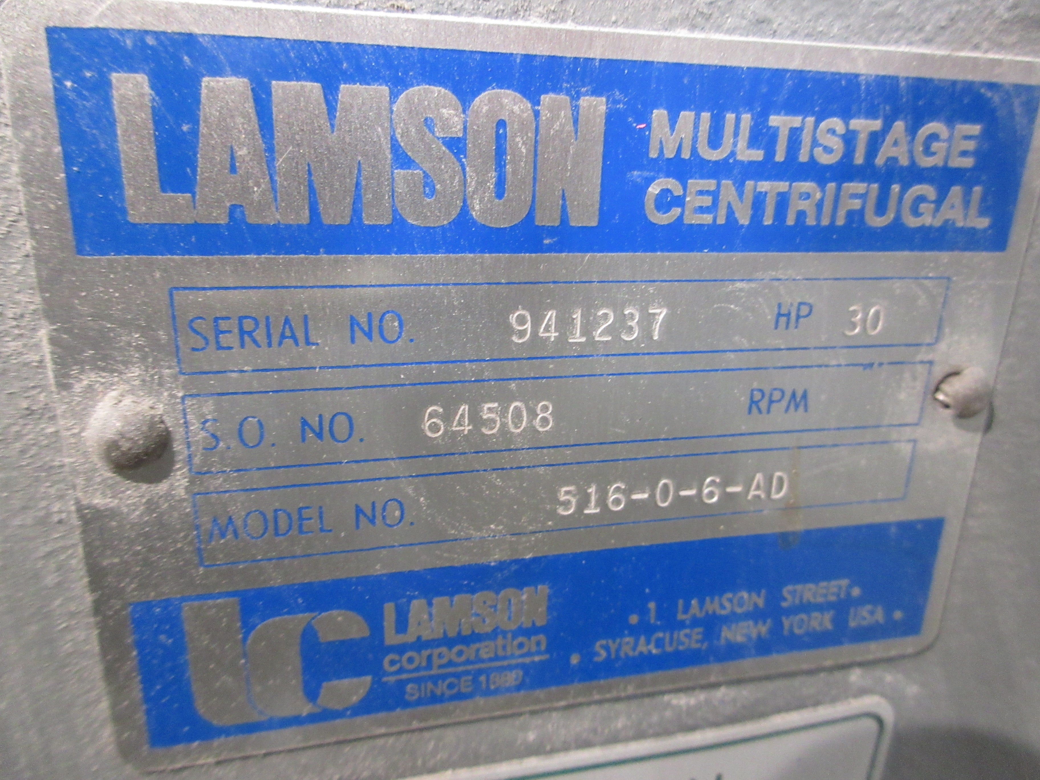 Lamson Multistage Centrifugal Blower 516-0-6-AD 30HP 3515RPM 230/460V 60Hz 3Ph