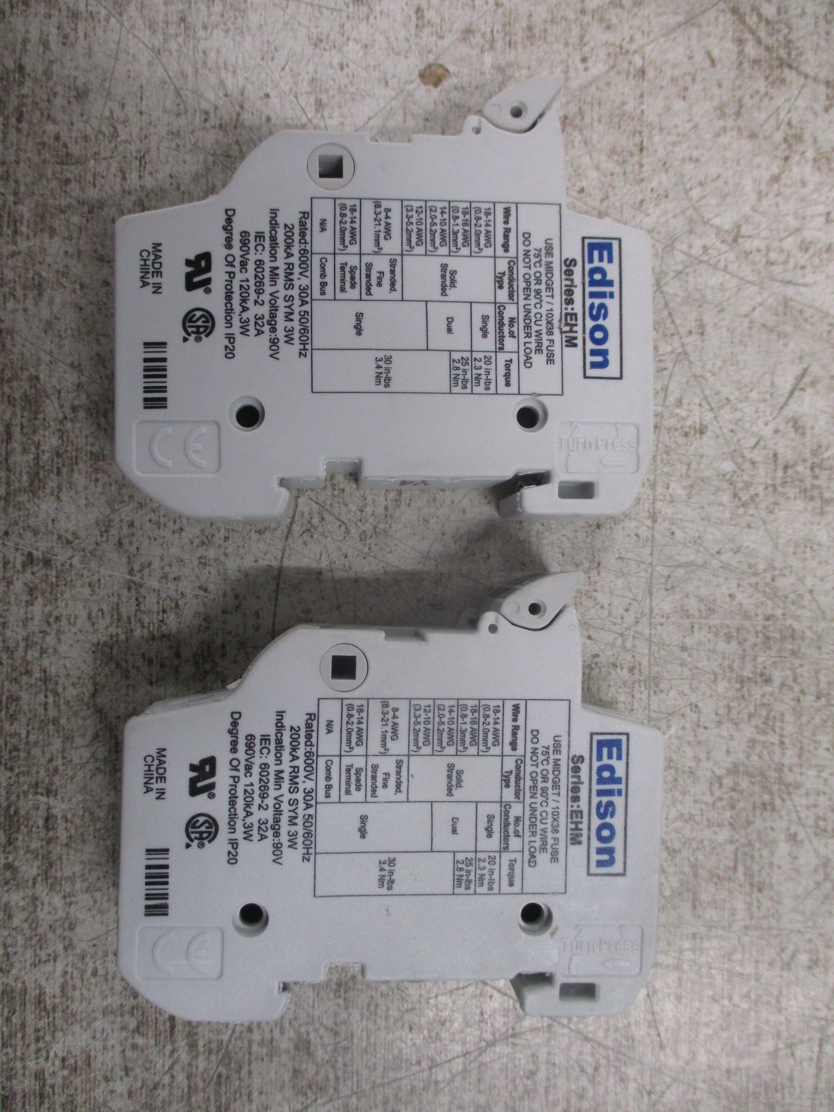 Edison Fuseholder EHM-1 30A 600V 50/60Hz 1P *Lot of 2* Used