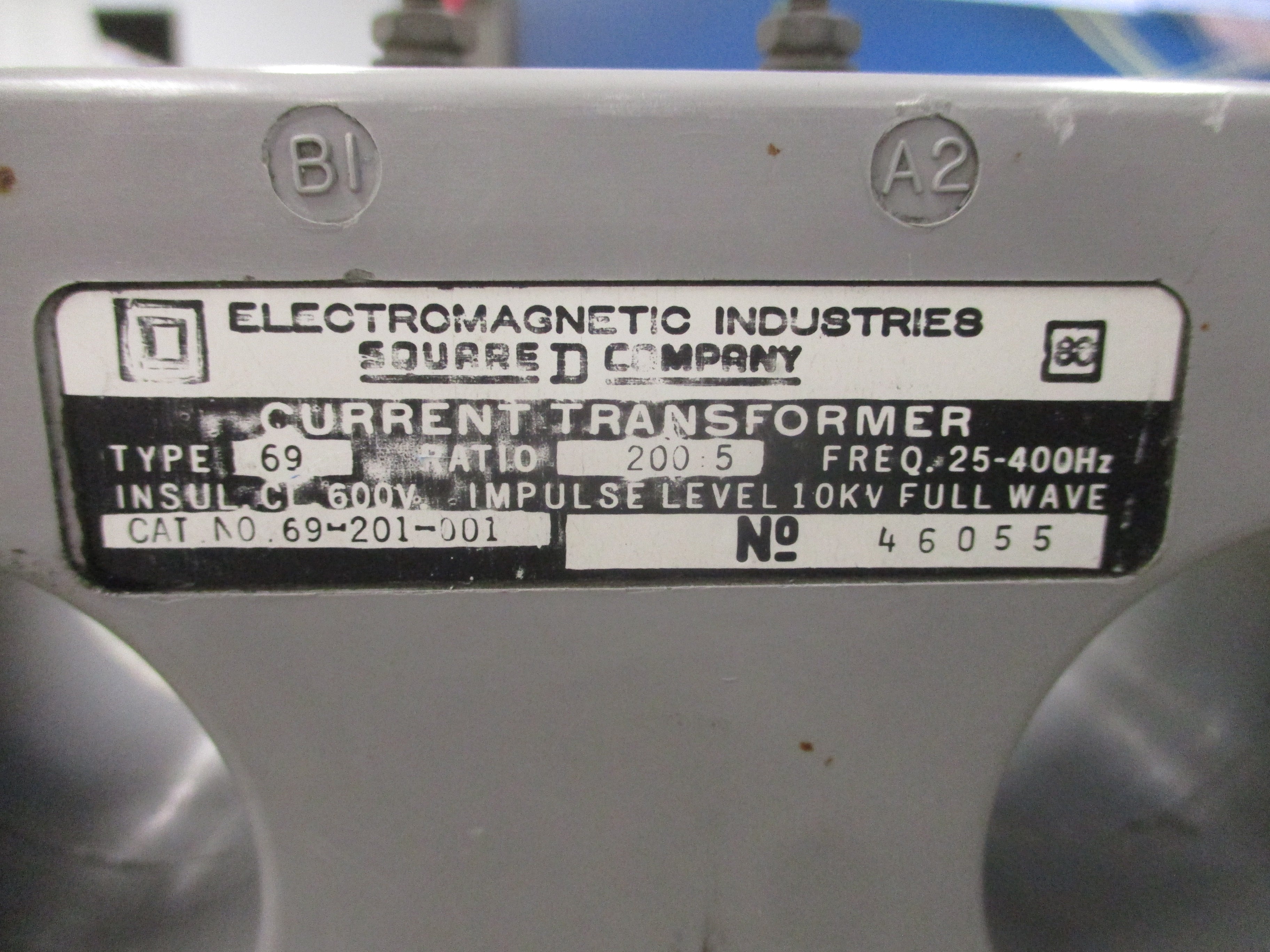 Square D Current Transformer 69-201-001 Ratio 200:5A 600V 25-400Hz Used