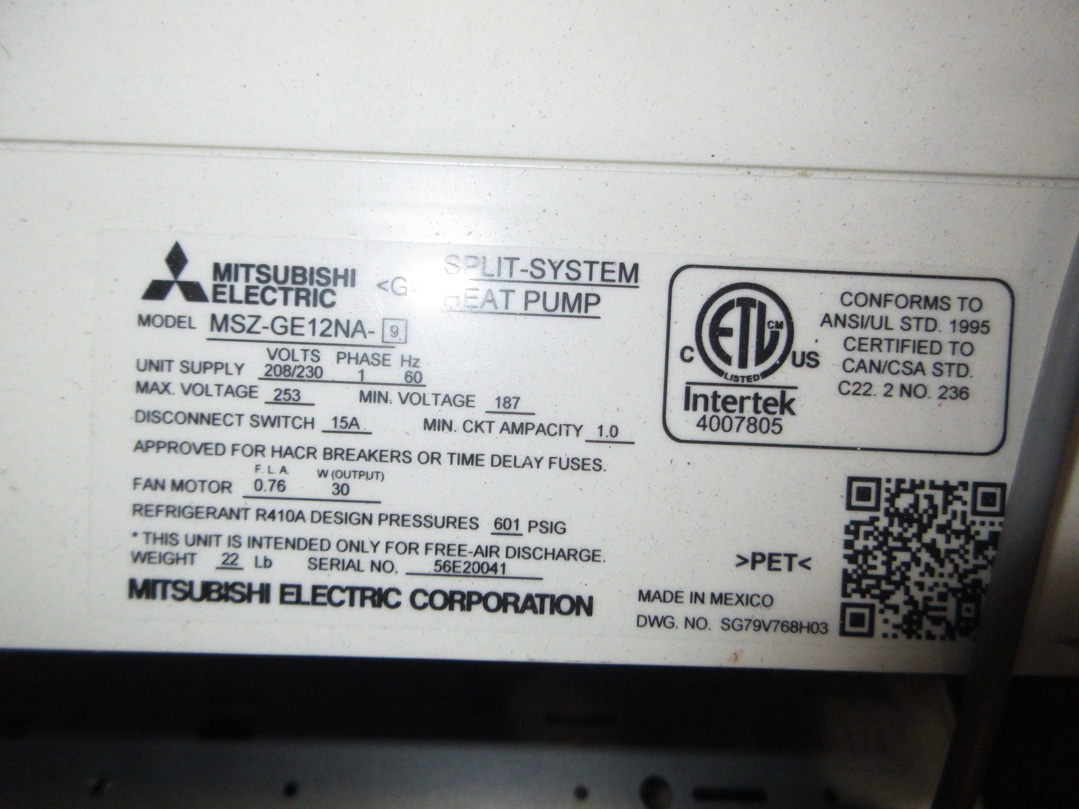 Mitsubishi Split-System Heat Pump MXZ-4C36NA 208/230V 1Ph 60Hz (3) Thermostat