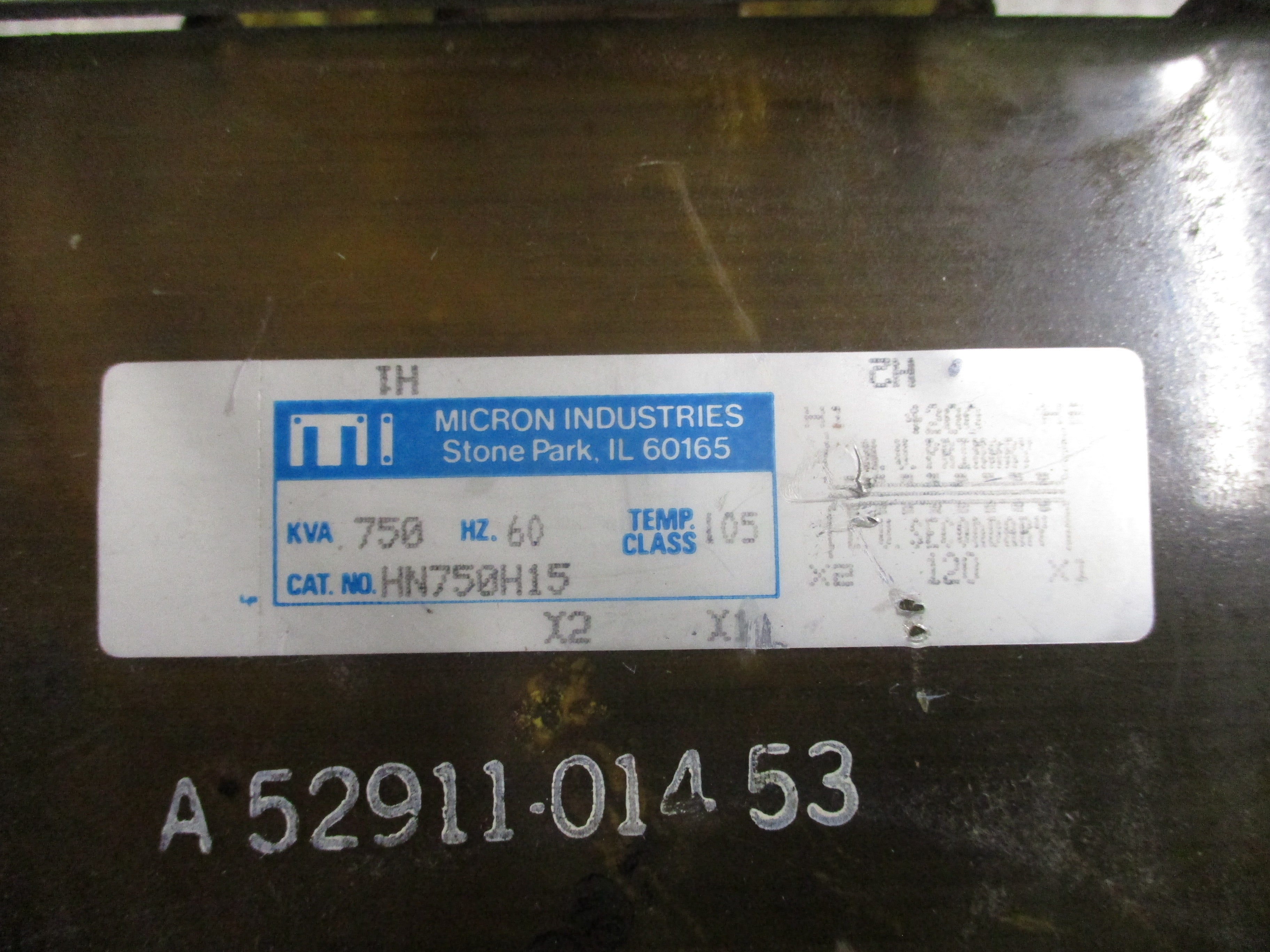 Micron Transformer HN750H15 0.750KVA Pri: 4200V Sec: 120V 60Hz Used