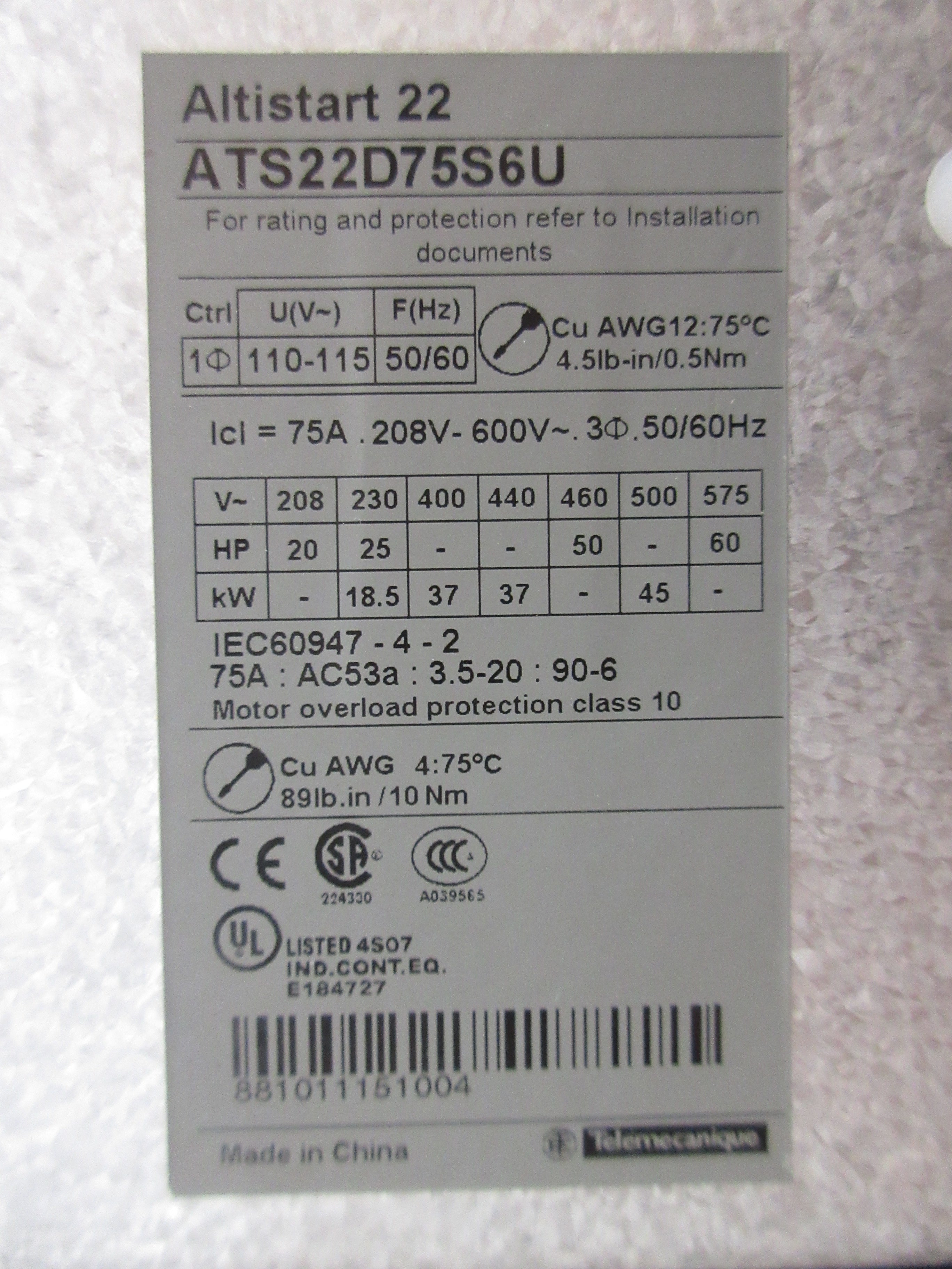 Schneider Electric Altistart 22 Soft Start ATS22D75S6U 20-60HP 208-600V 3Ph Used