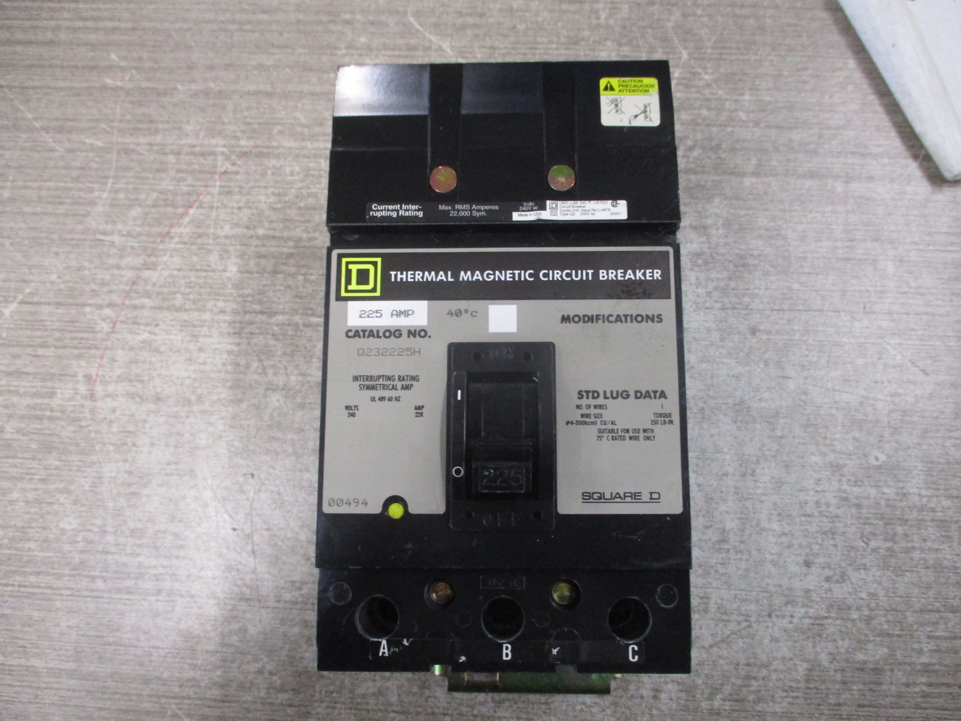 Square D I-Line Circuit Breaker Q232225H 225A 240V 22KA 3P Used
