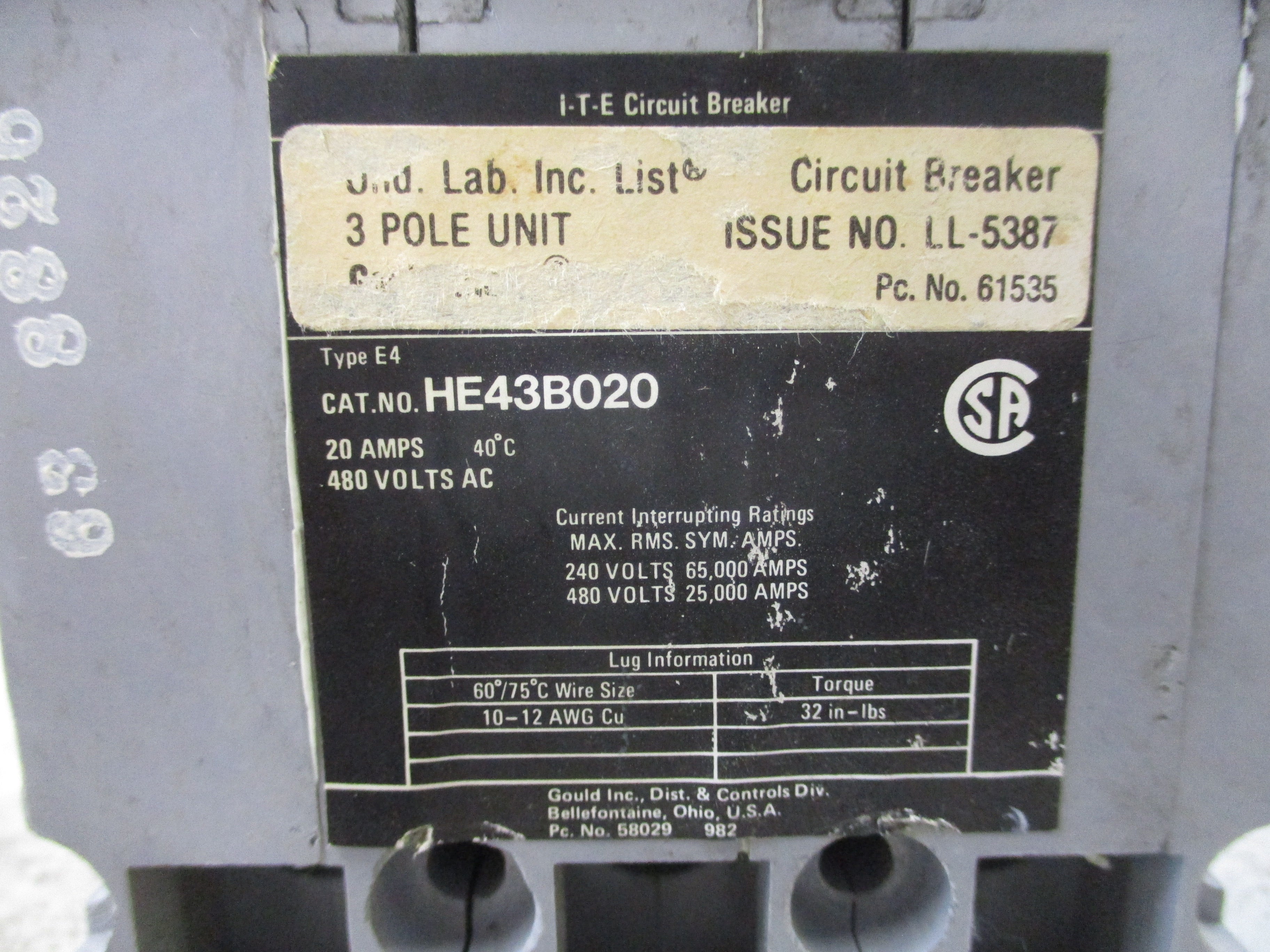 ITE Circuit Breaker HE43B020 20A 480V 3P Used