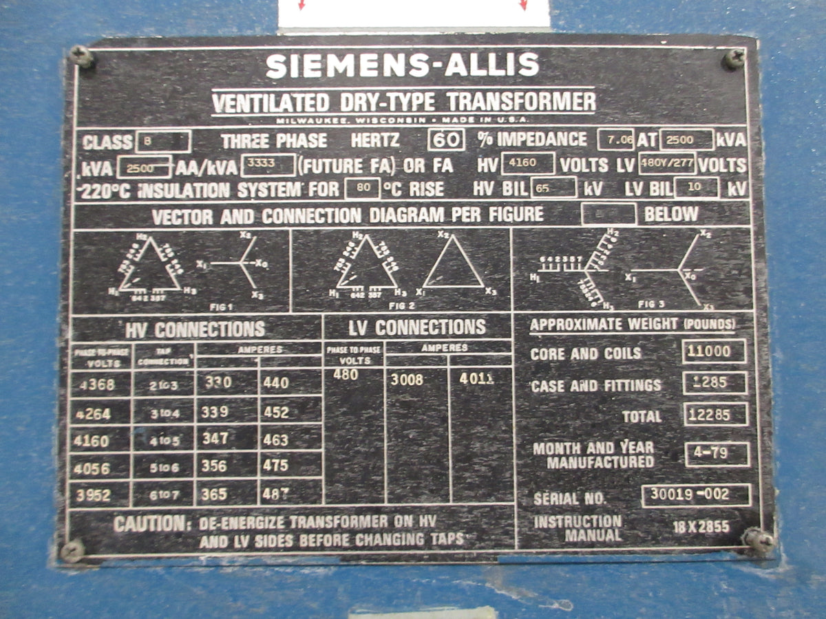 Siemens-Allis Transformer 2500kVA Pri: 4160V Sec: 480Y/277V 60Hz 3Ph Used