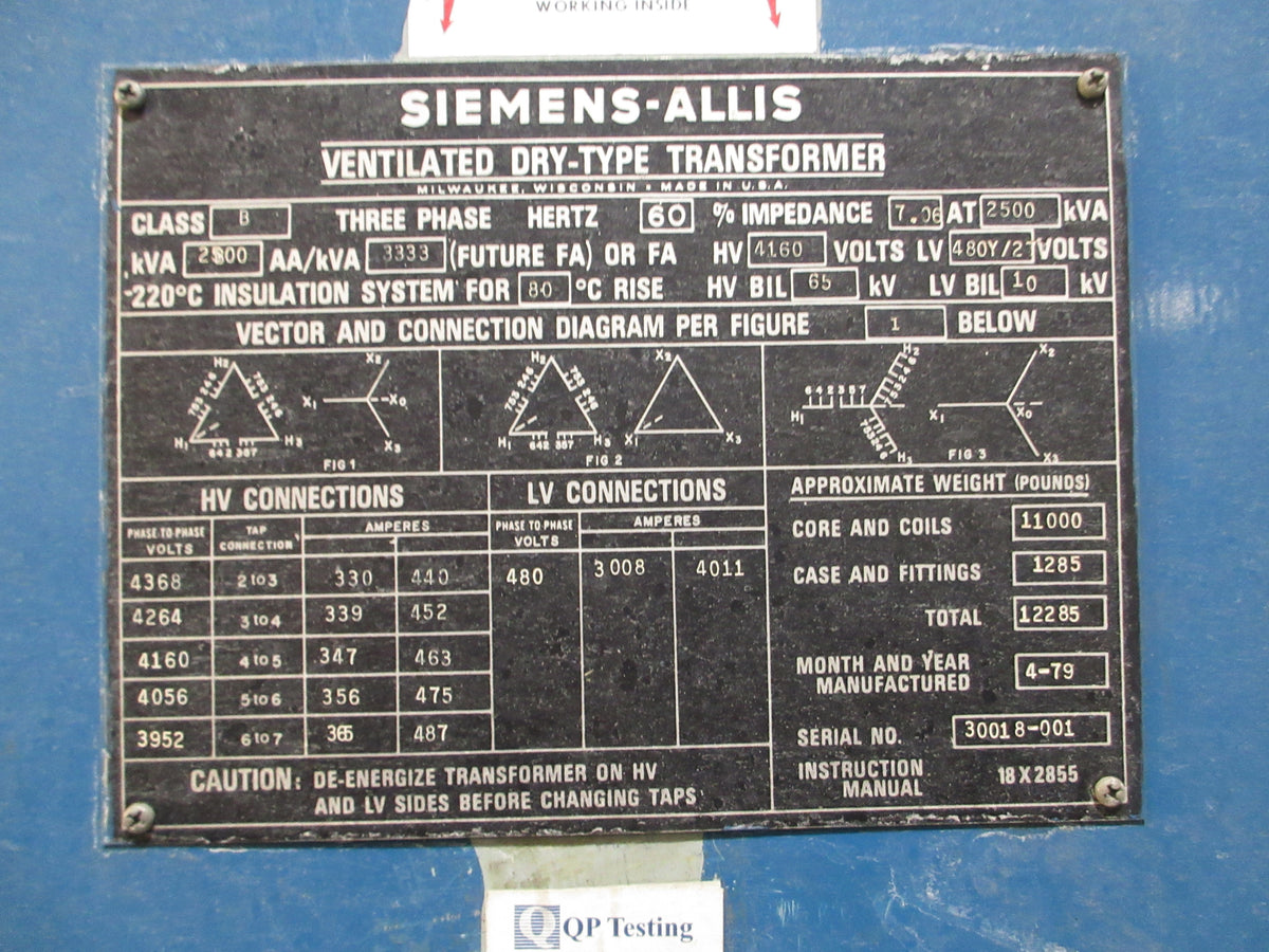 Siemens-Allis Transformer 2500kVA 3Ph 60Hz Pri: 4160V Sec: 480Y/277V Used
