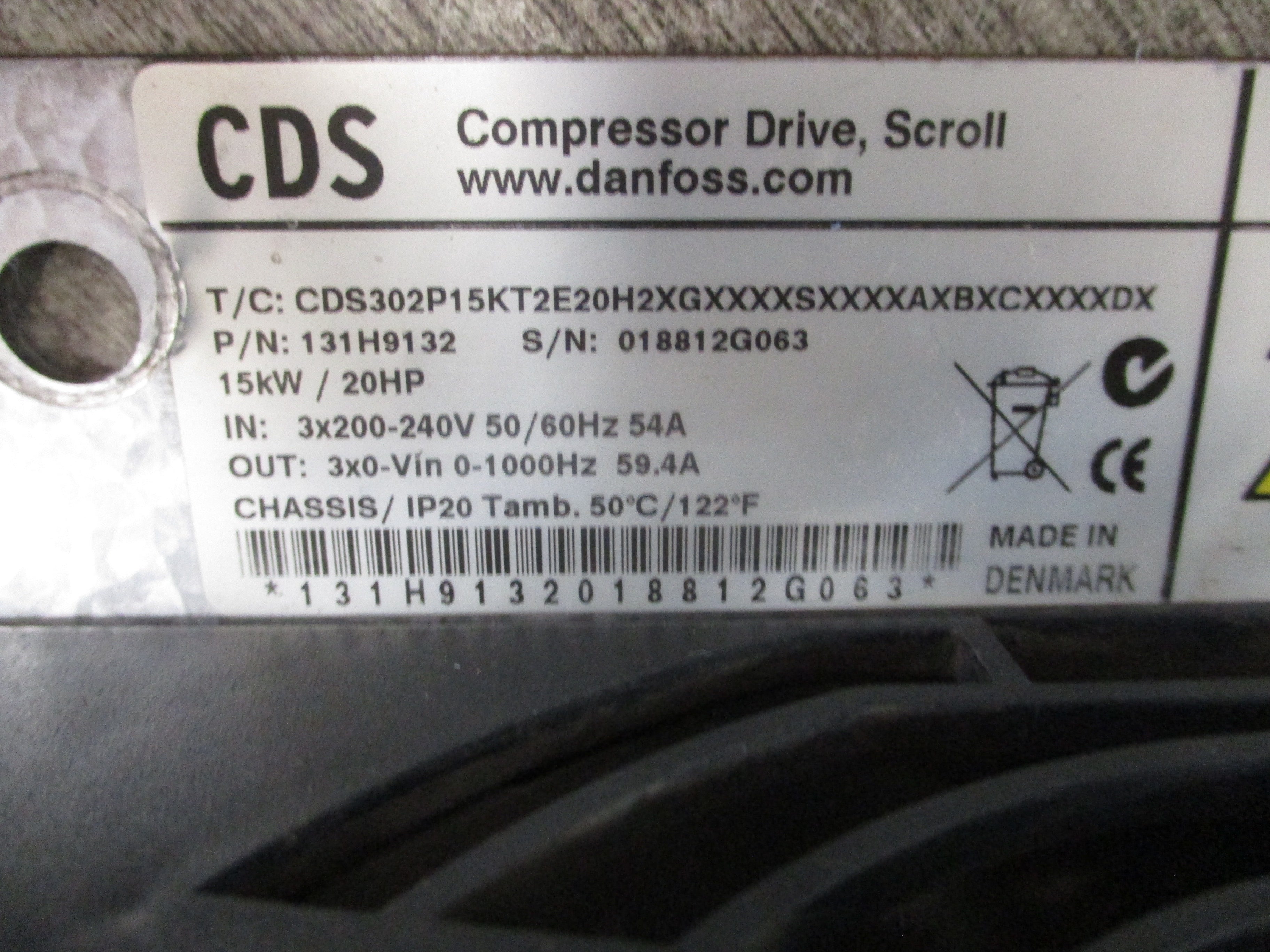 Danfoss Scroll Compressor AC Drive 131H9132 20HP 3Ph Input: 3X200-240V 50/60Hz