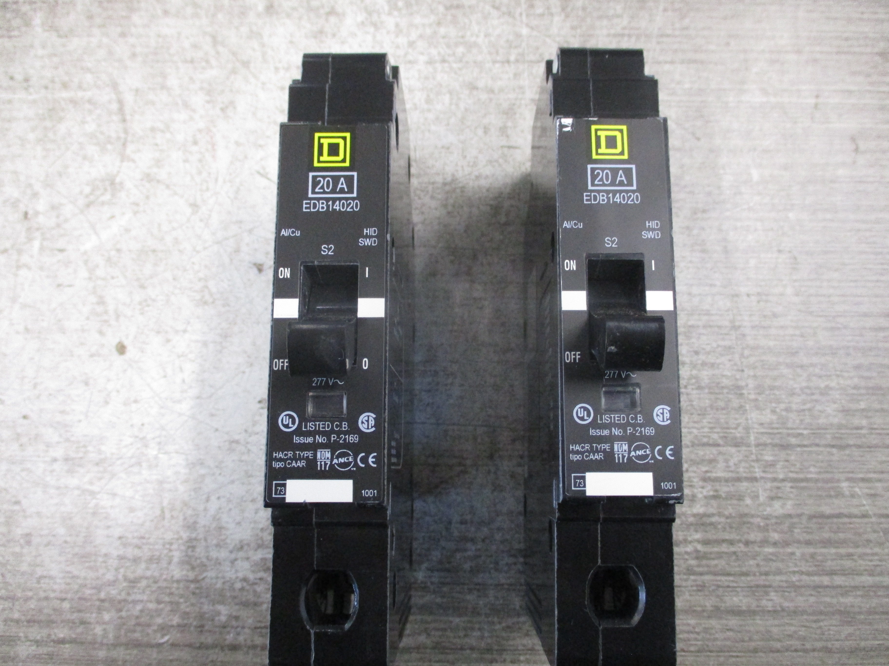 Square D Bolt-on Circuit Breaker EDB14020 S2 20A 277V 1P *Lot of 2* Used