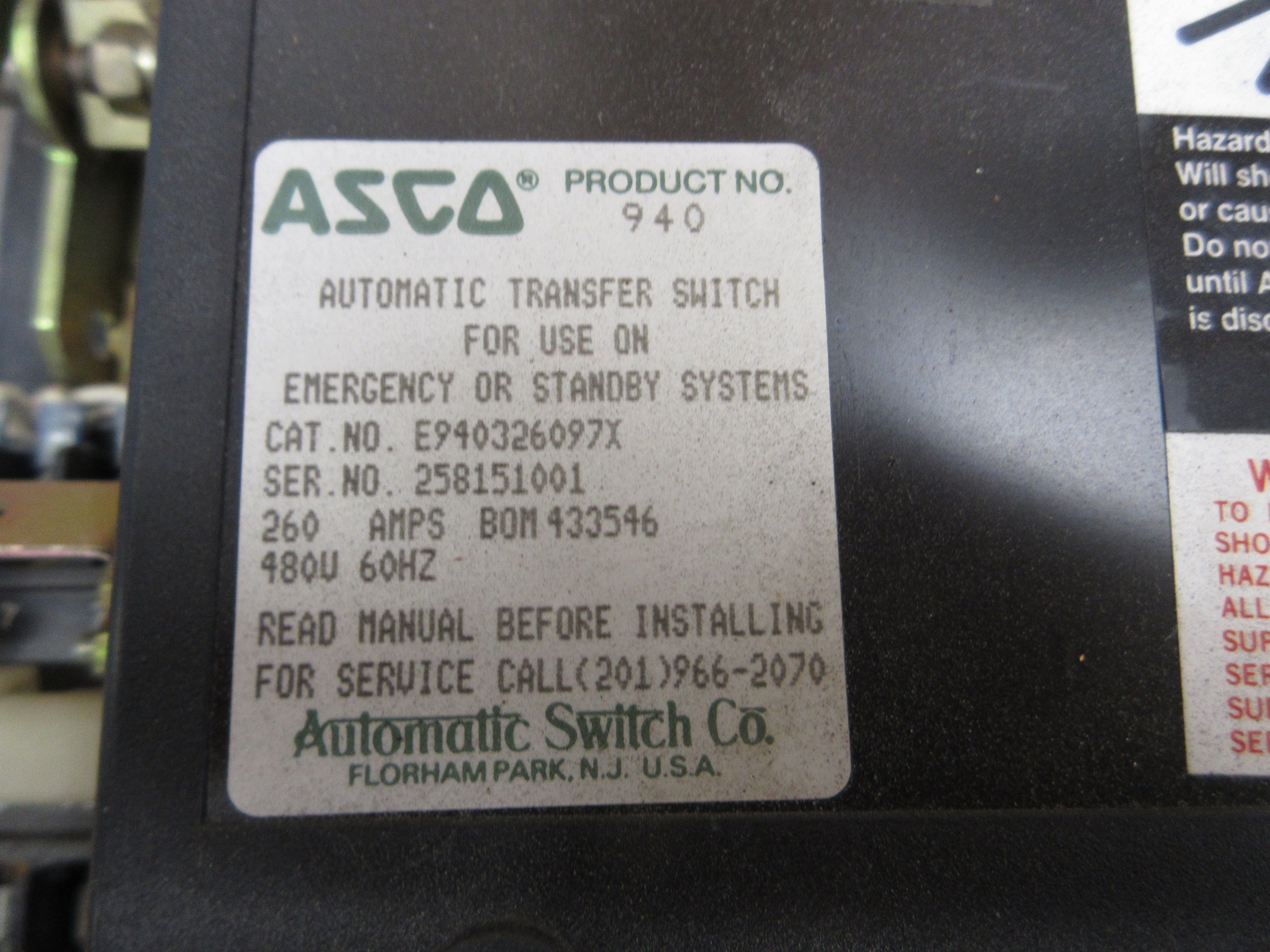 Asco Series 940 Automatic Transfer Switch E940326097X 260A 480V 60Hz Used