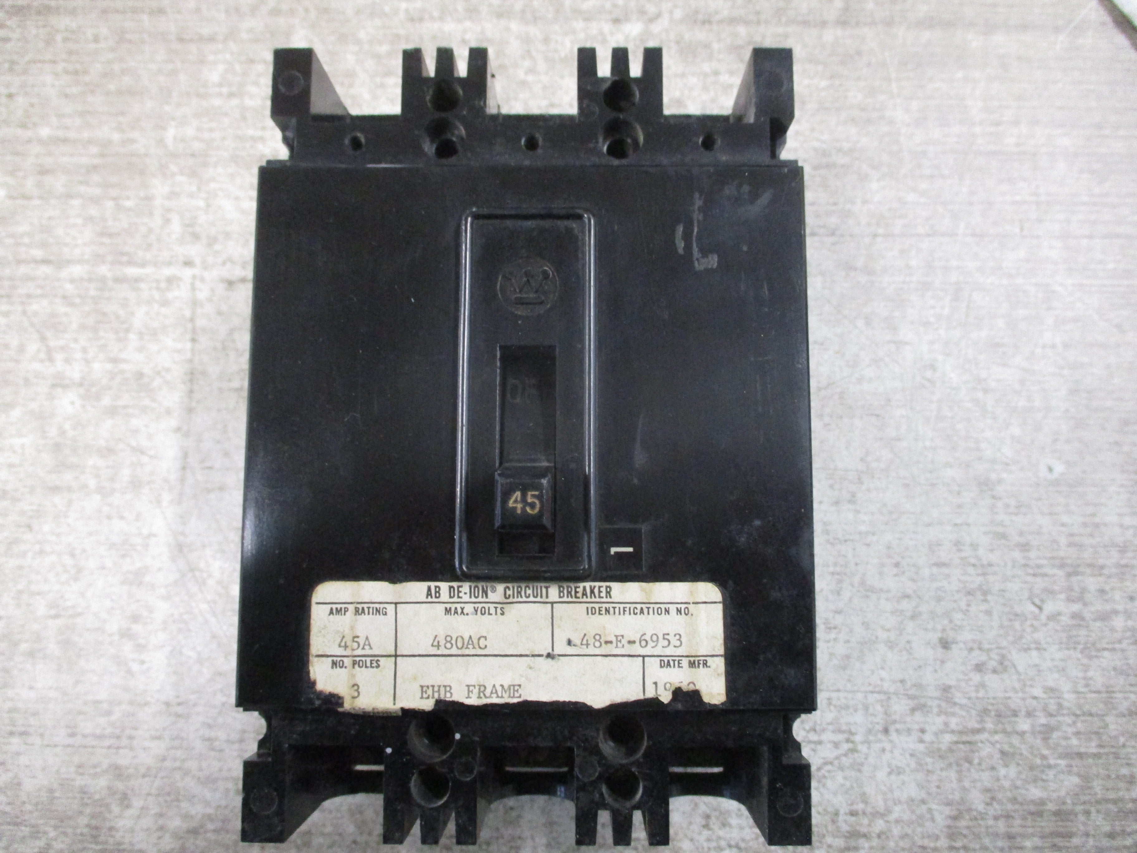 Westinghouse AB De-Ion Circuit Breaker 48-E-6953 45A 480V 3P Used