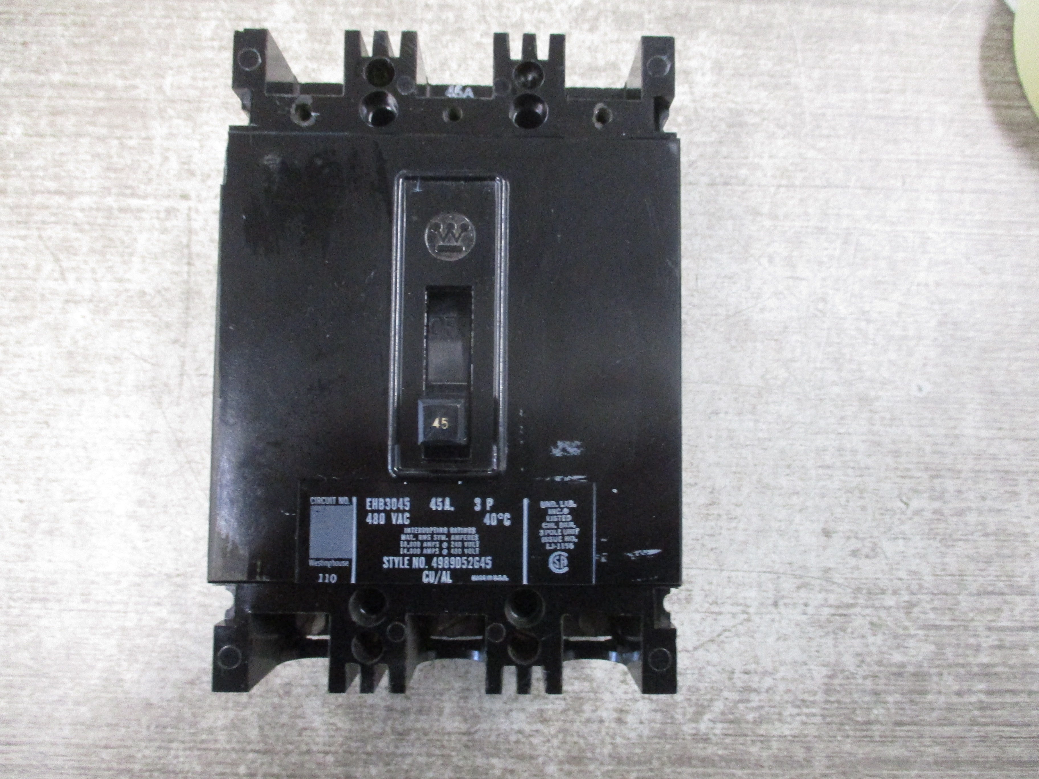 Westinghouse Circuit Breaker EHB3045 45A 480V 3P Used