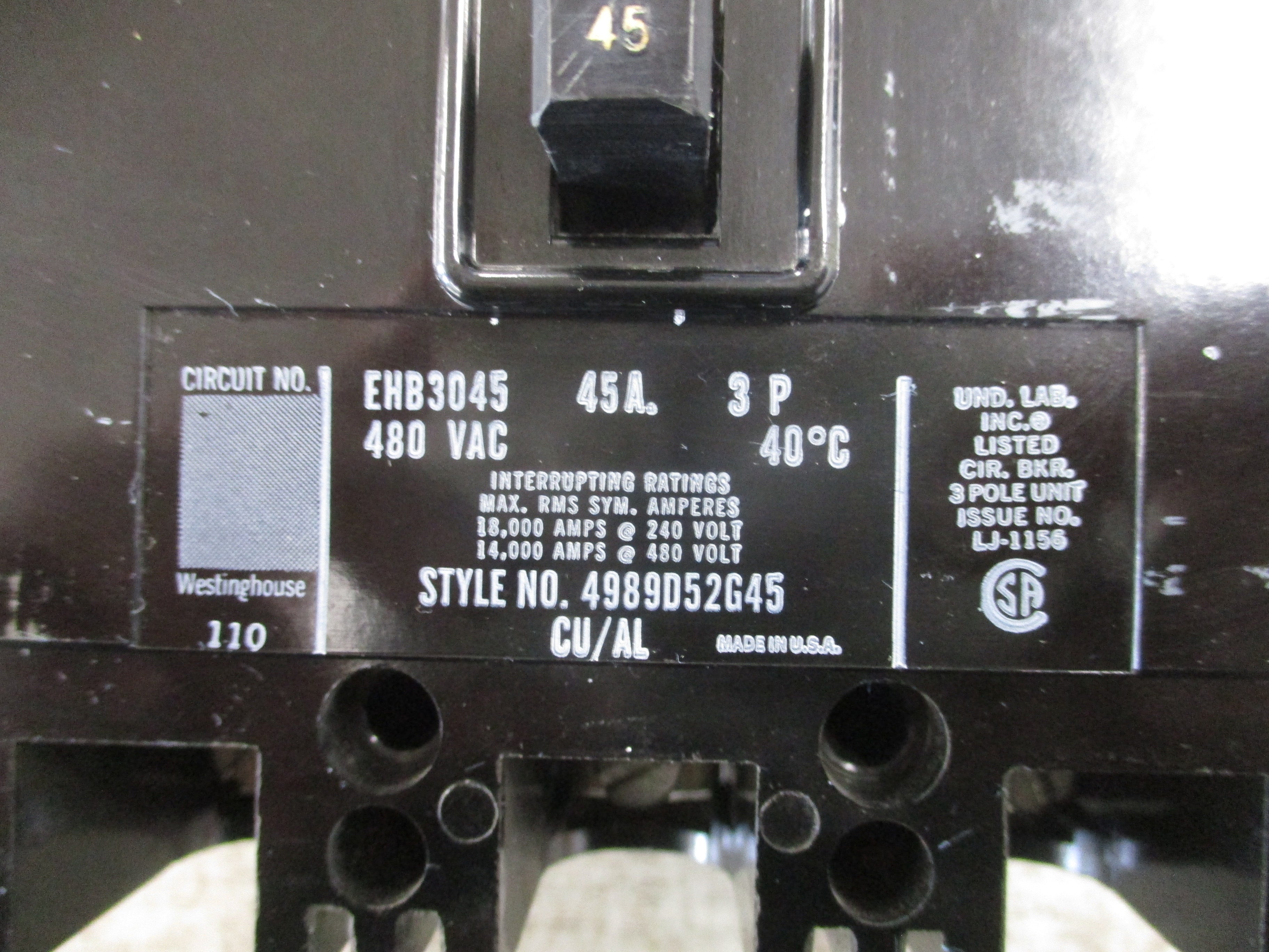 Westinghouse Circuit Breaker EHB3045 45A 480V 3P Used