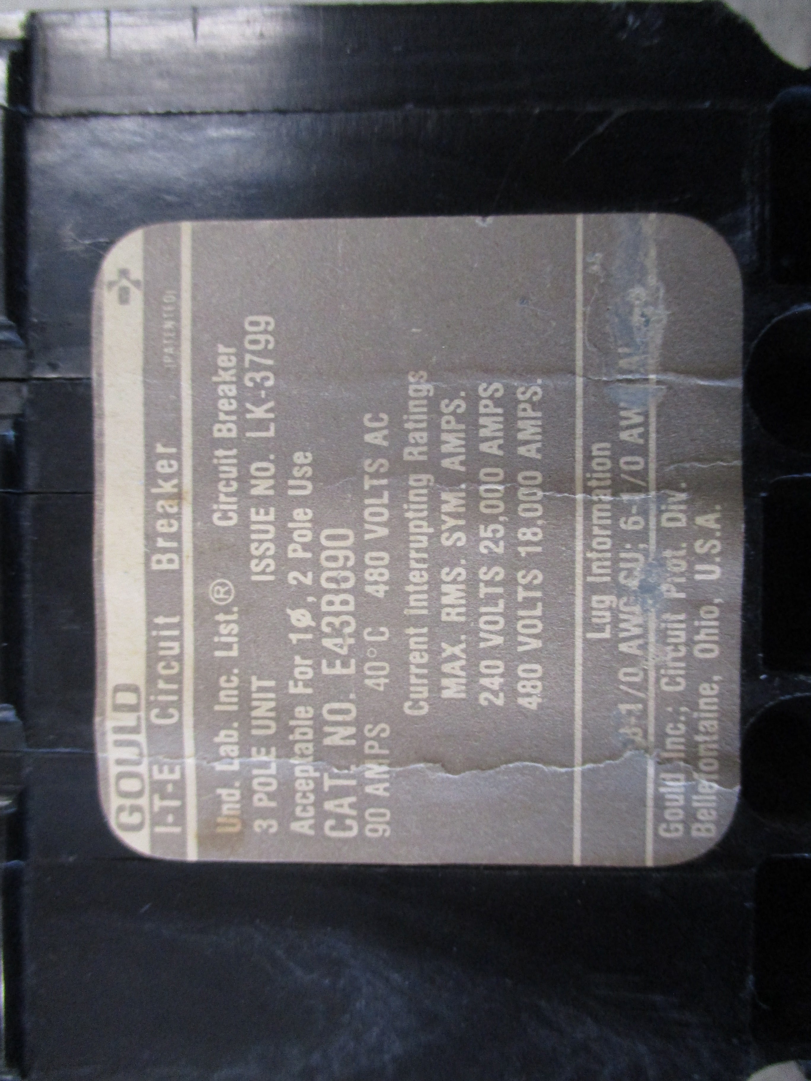 Gould ITE Circuit Breaker E43B090 90A 480V 3P *No Lugs* Used