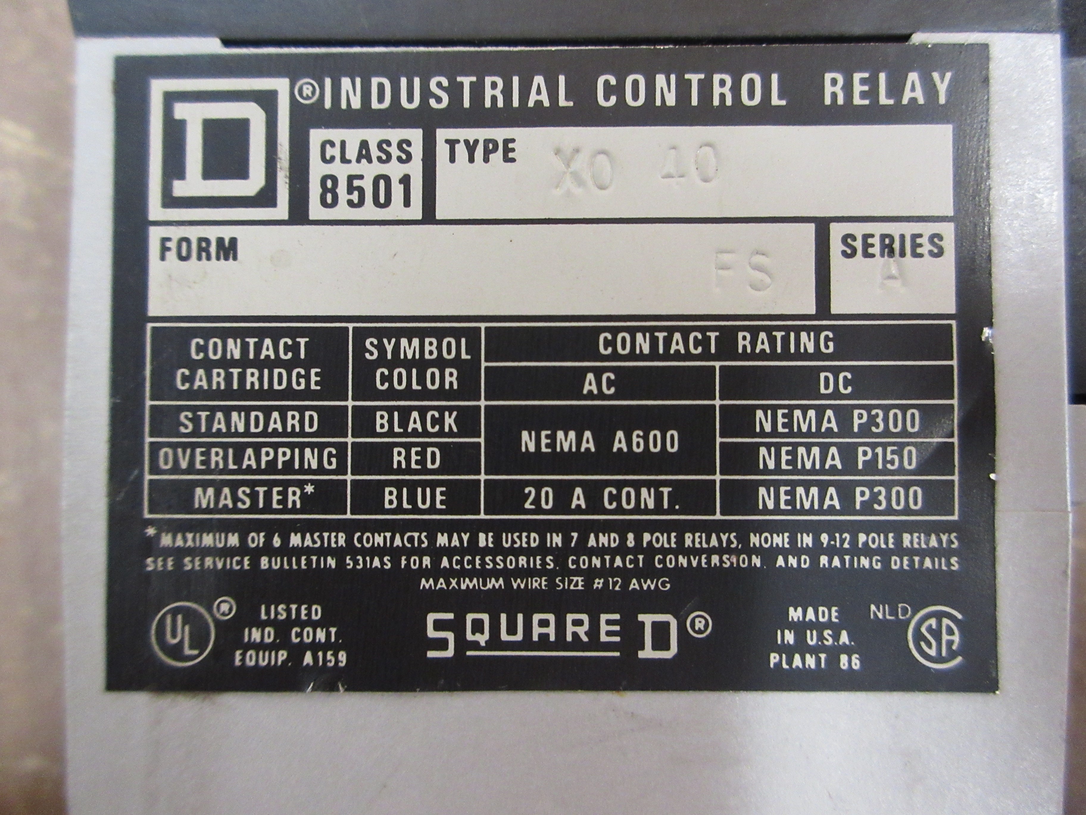 Square D Type X Relay 8501 X0 40 FS Ser. A 120V Coil 20A Used