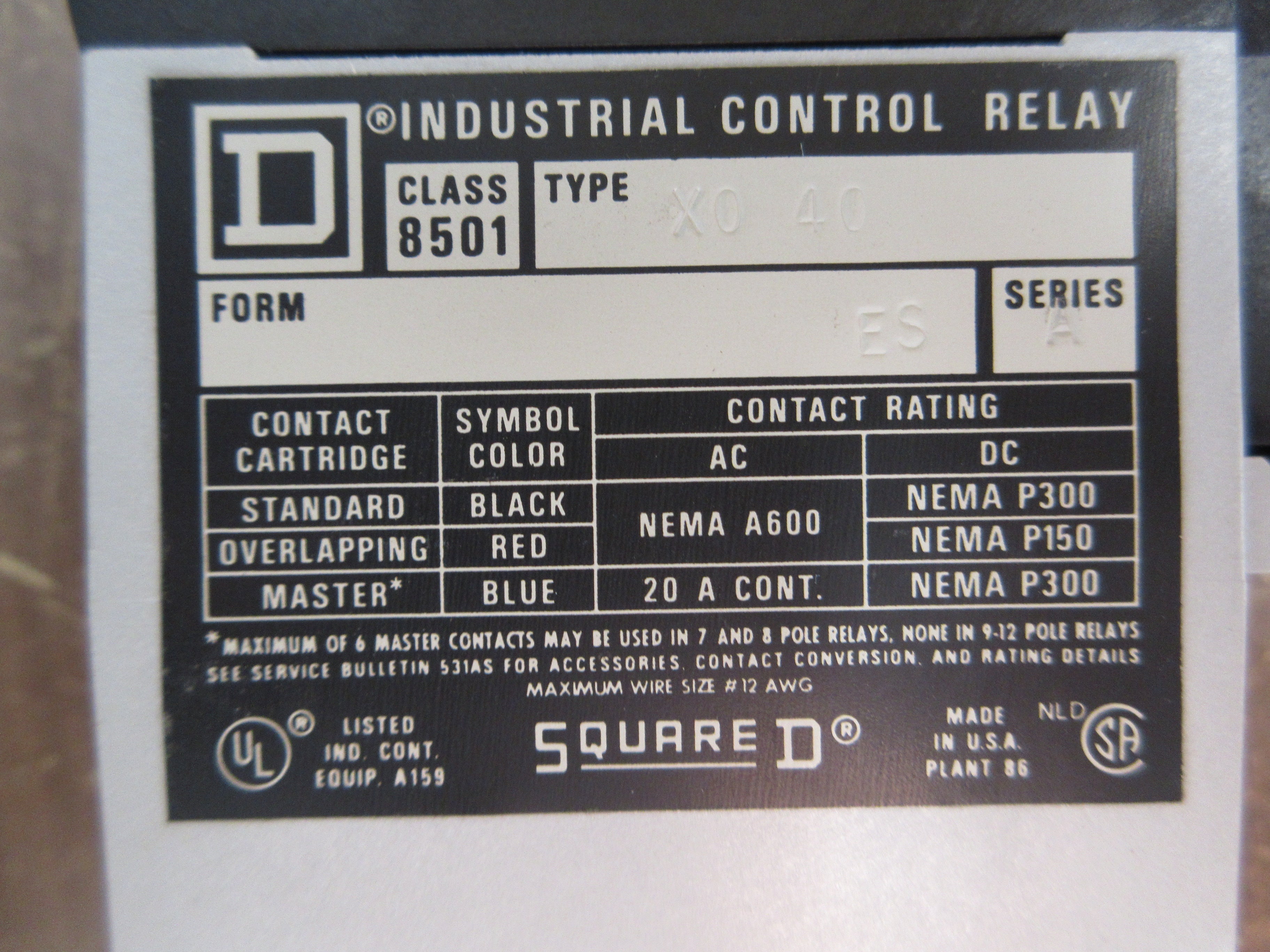Square D Type X Relay 8501 X0 40 ES Ser. A 120V Coil 20A Used