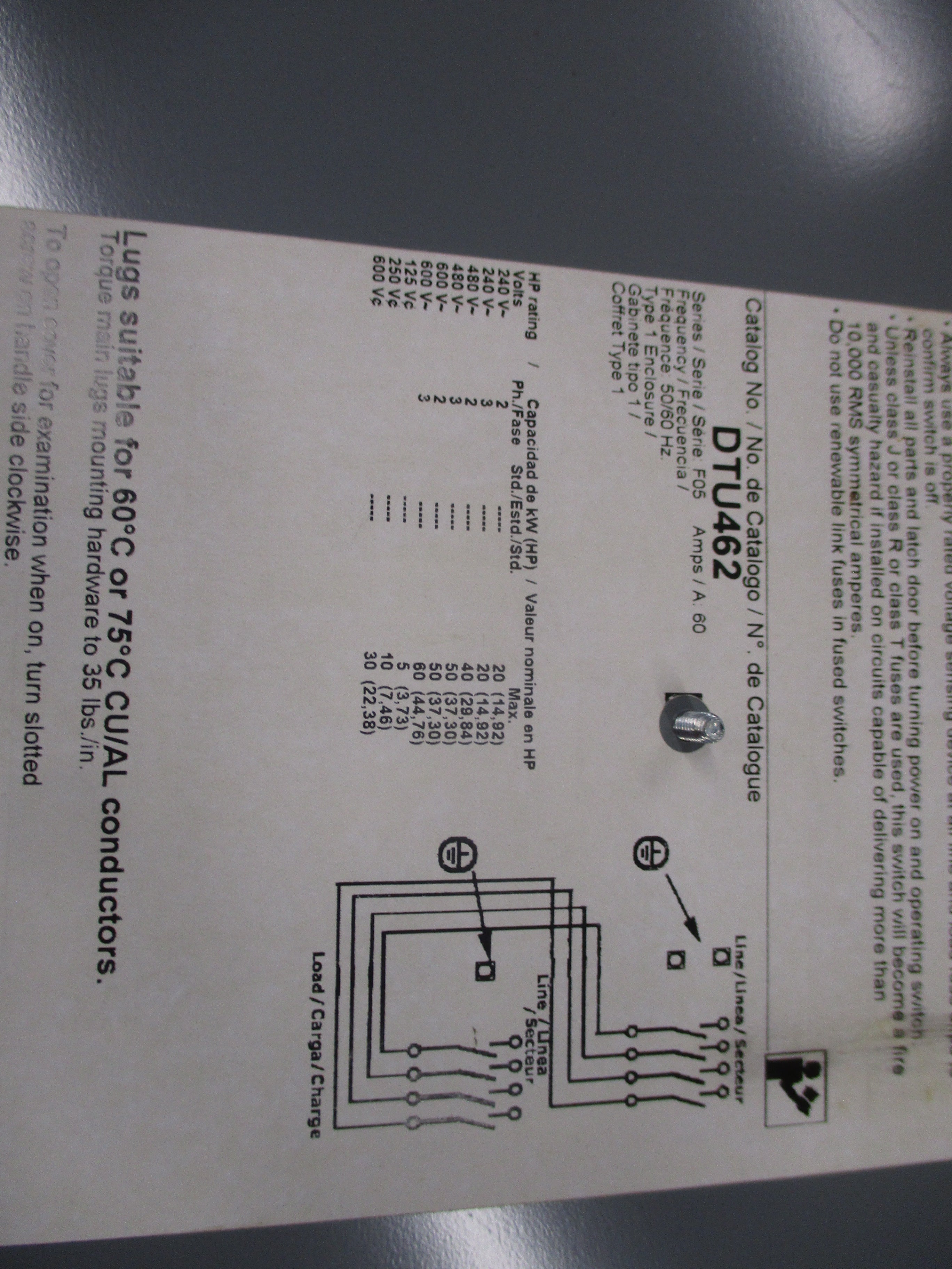Square D Non-Fusible Double-Throw Safety Switch/Disconnect DTU462 60A 600V 3P