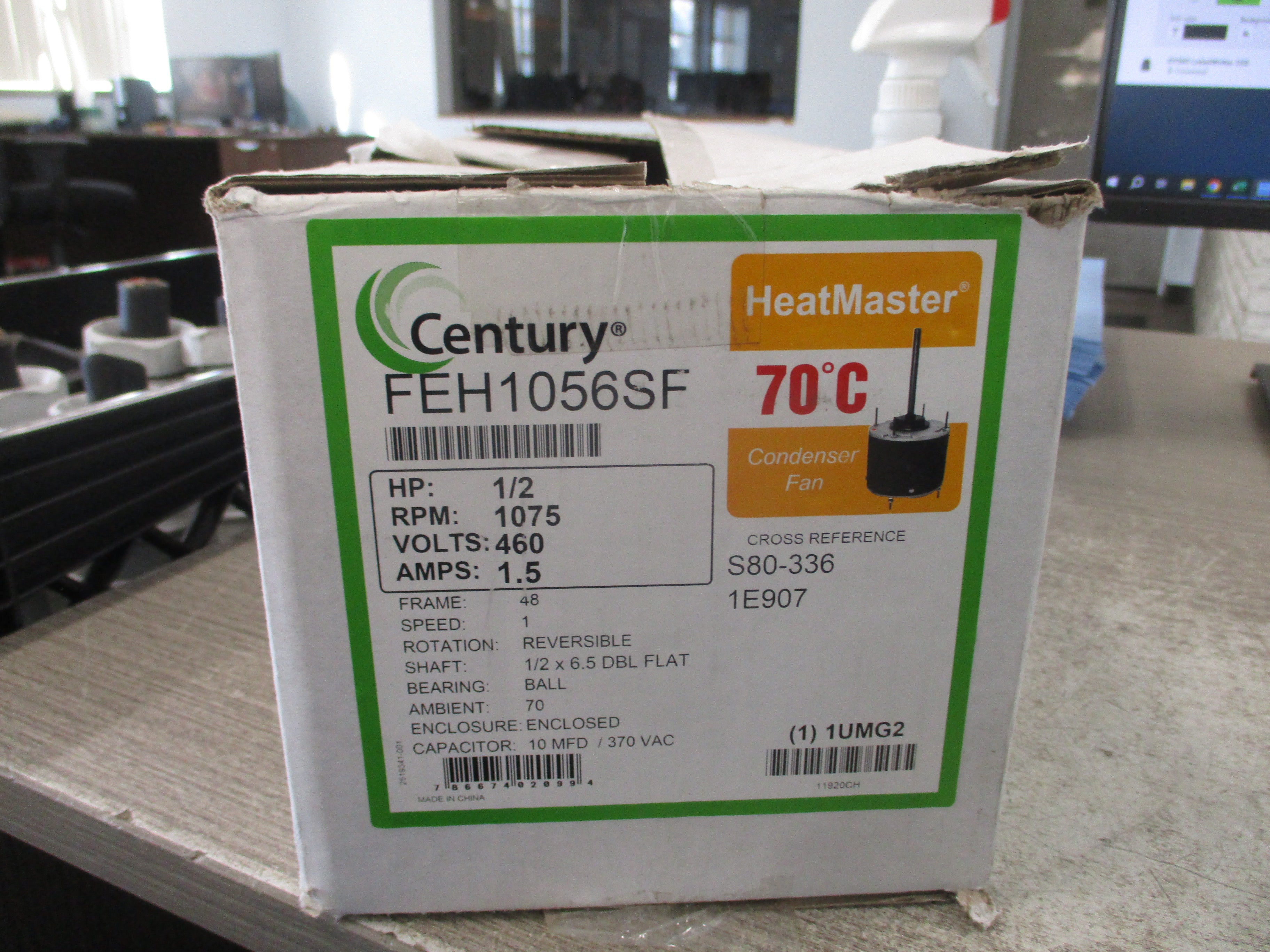Century Motor FEH1056SF 1/2HP 460V 1075RPM Frame: 48Y 1.5A 60Hz 1PH New Surplus