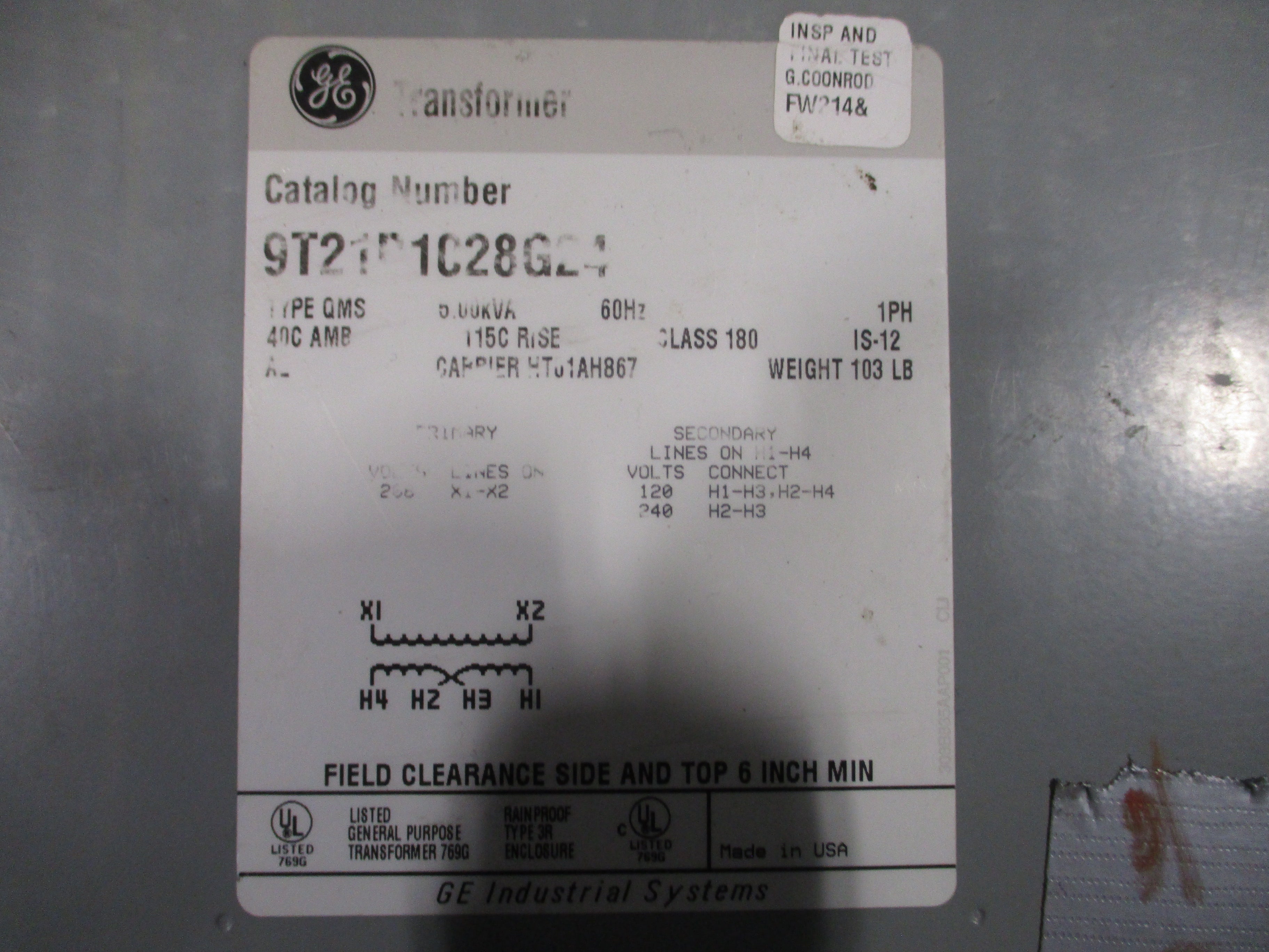 GE 3R Transformer 9T21B1028G24 5 KVA Pri: 208V Sec: 120/240V 1Ph 60Hz