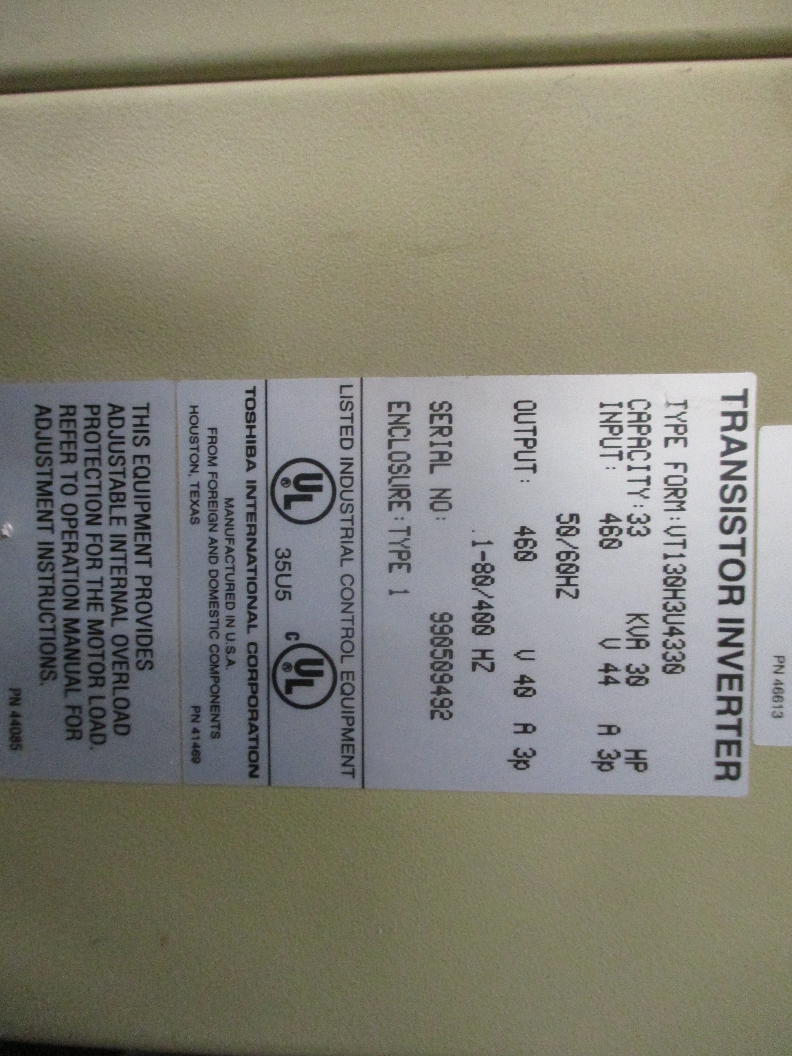 Toshiba H3 AC Drive VT130H3U4330 30HP 3Ph Input: 460V 44A 3P 50/60Hz