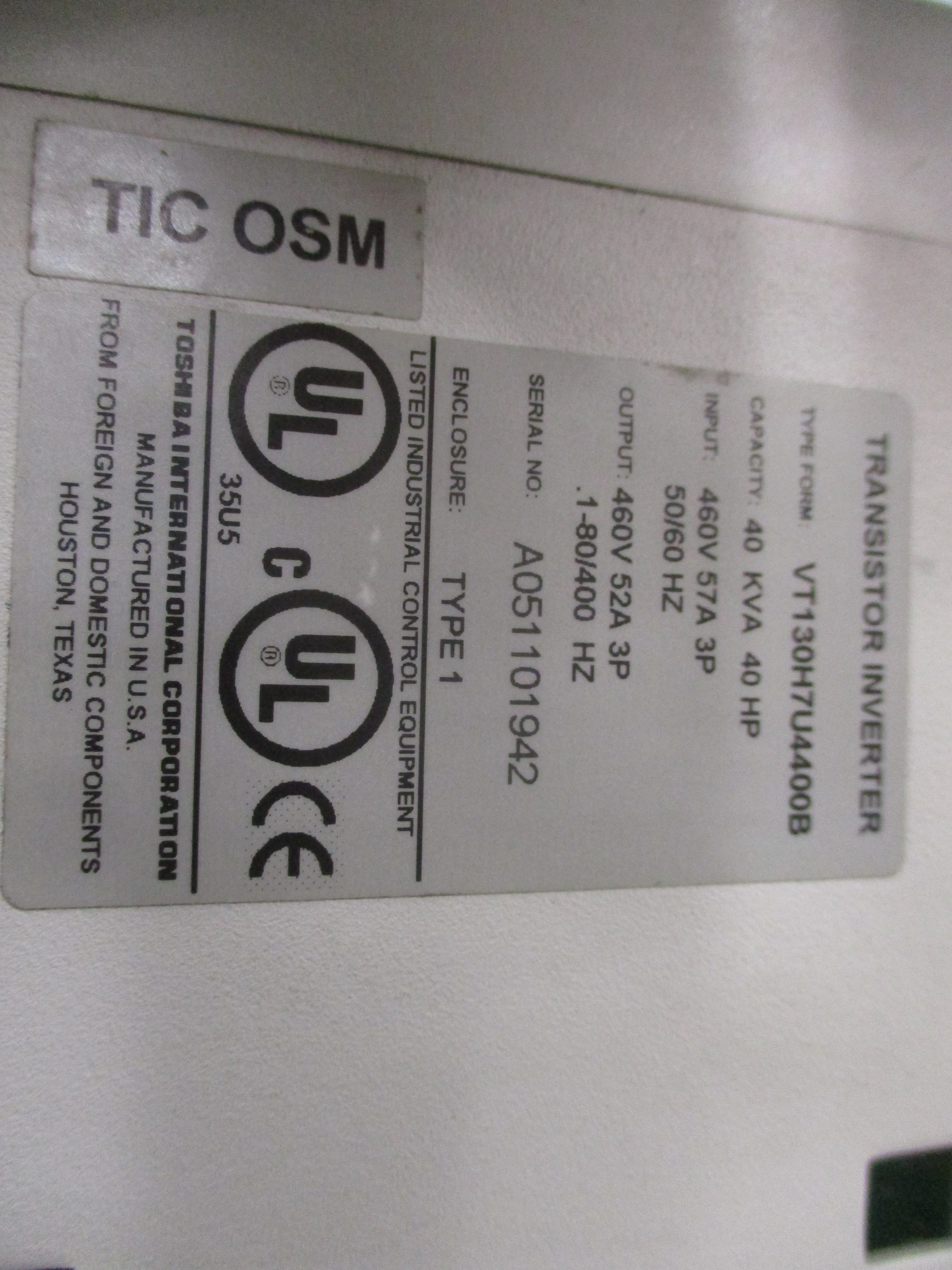Toshiba H7 AC Drive VT130H7U44OOB 40HP 3Ph Input: 460V 57A 3P 50/60Hz