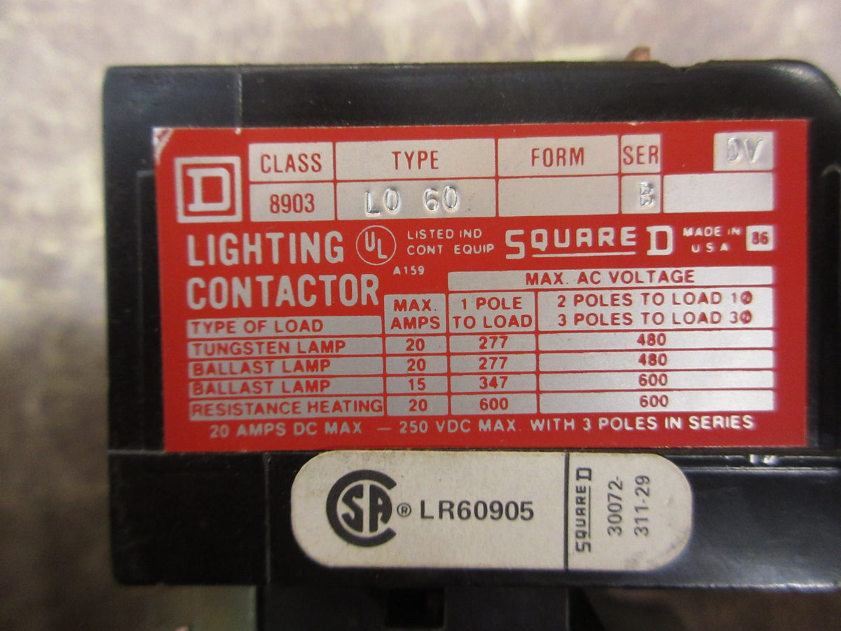 Square D Lighting Contactor 8903 L0 60 Ser. B 120V Coil 20A 600V Used