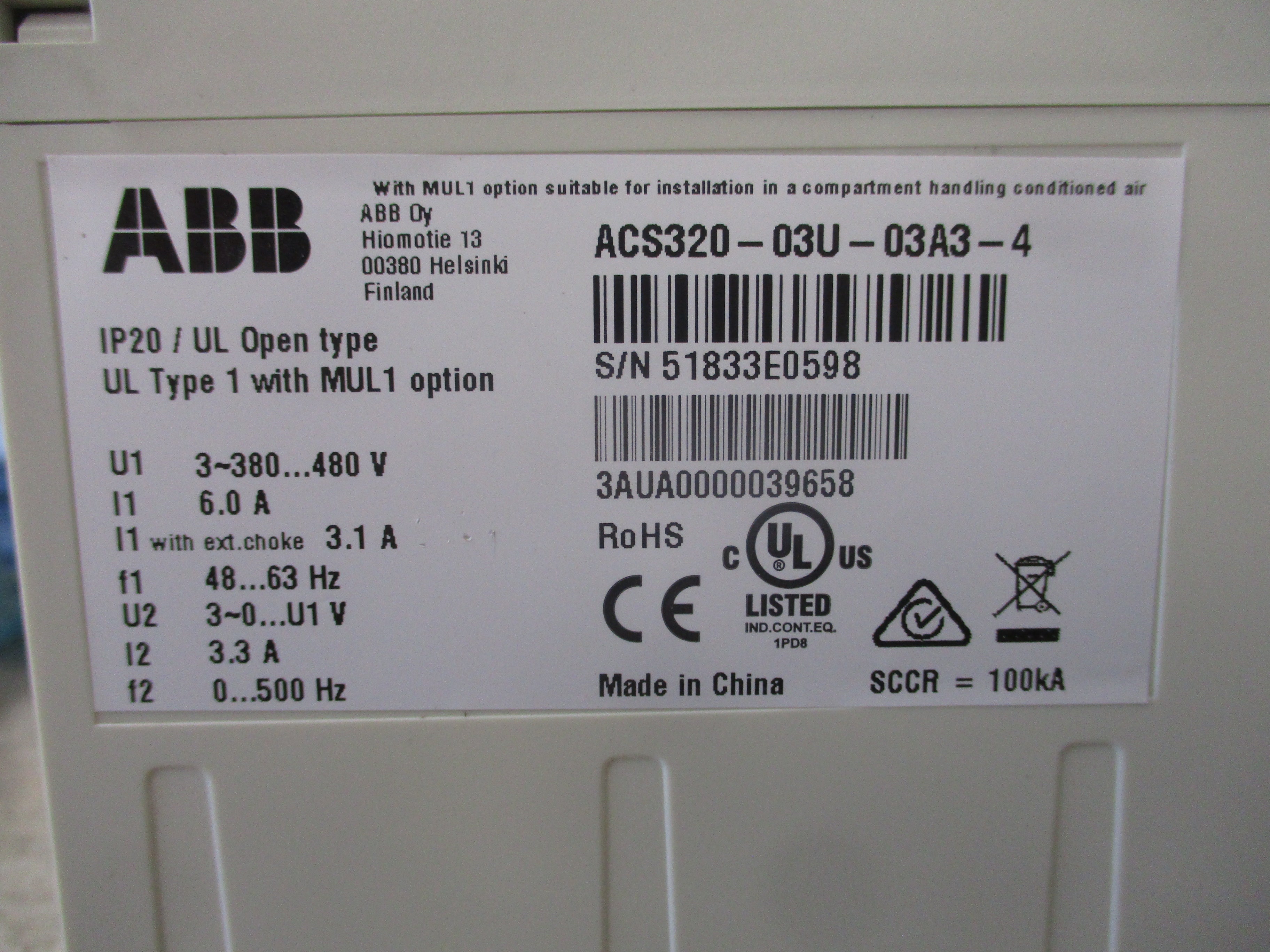 ABB ACS320 AC Drive ACS320-03U-03A3-4 1.5HP 3Ph