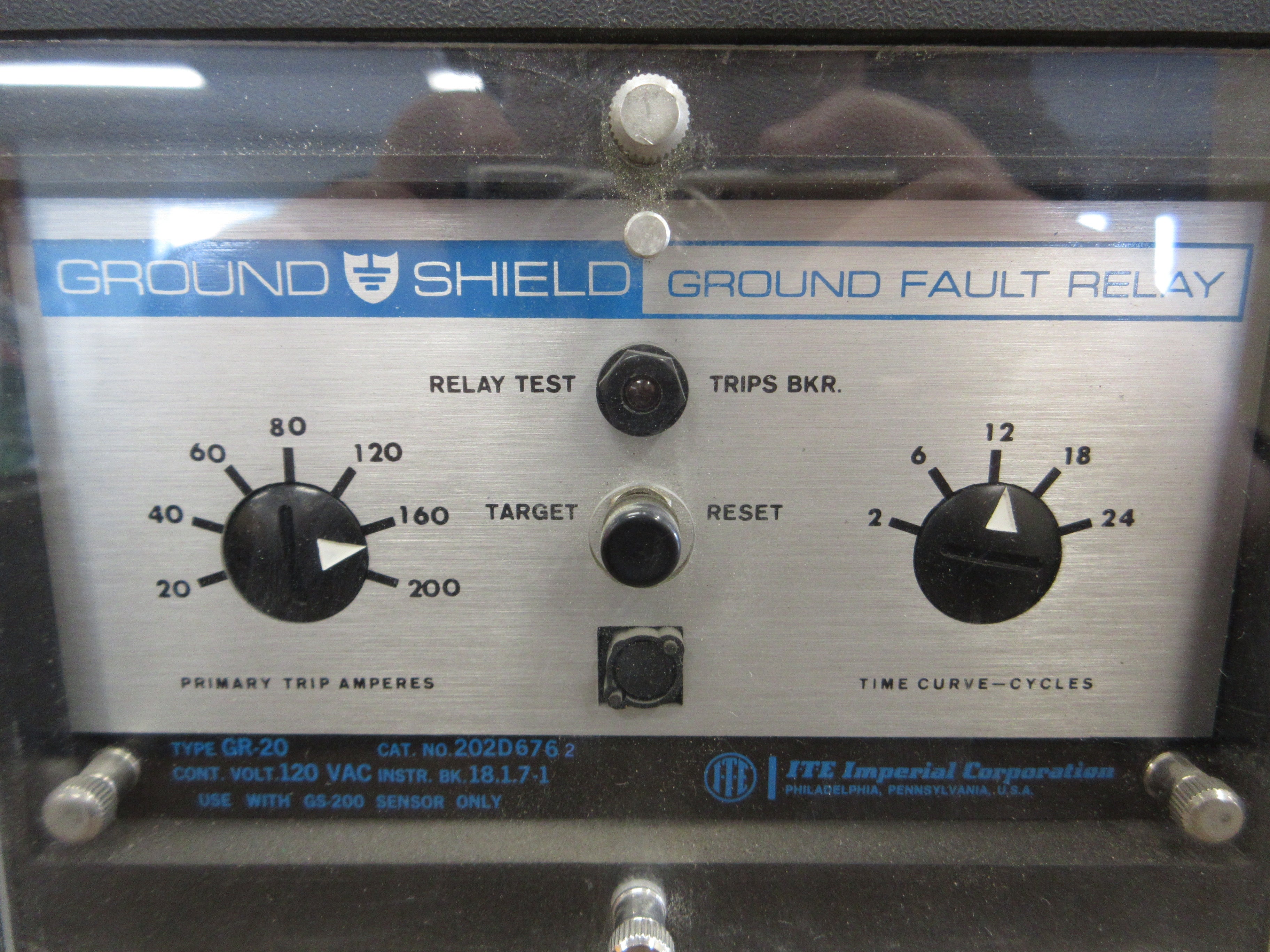 ITE GR-20 Ground Shield Ground Fault Relay 202D6762 120V Trip: 20-200A Used