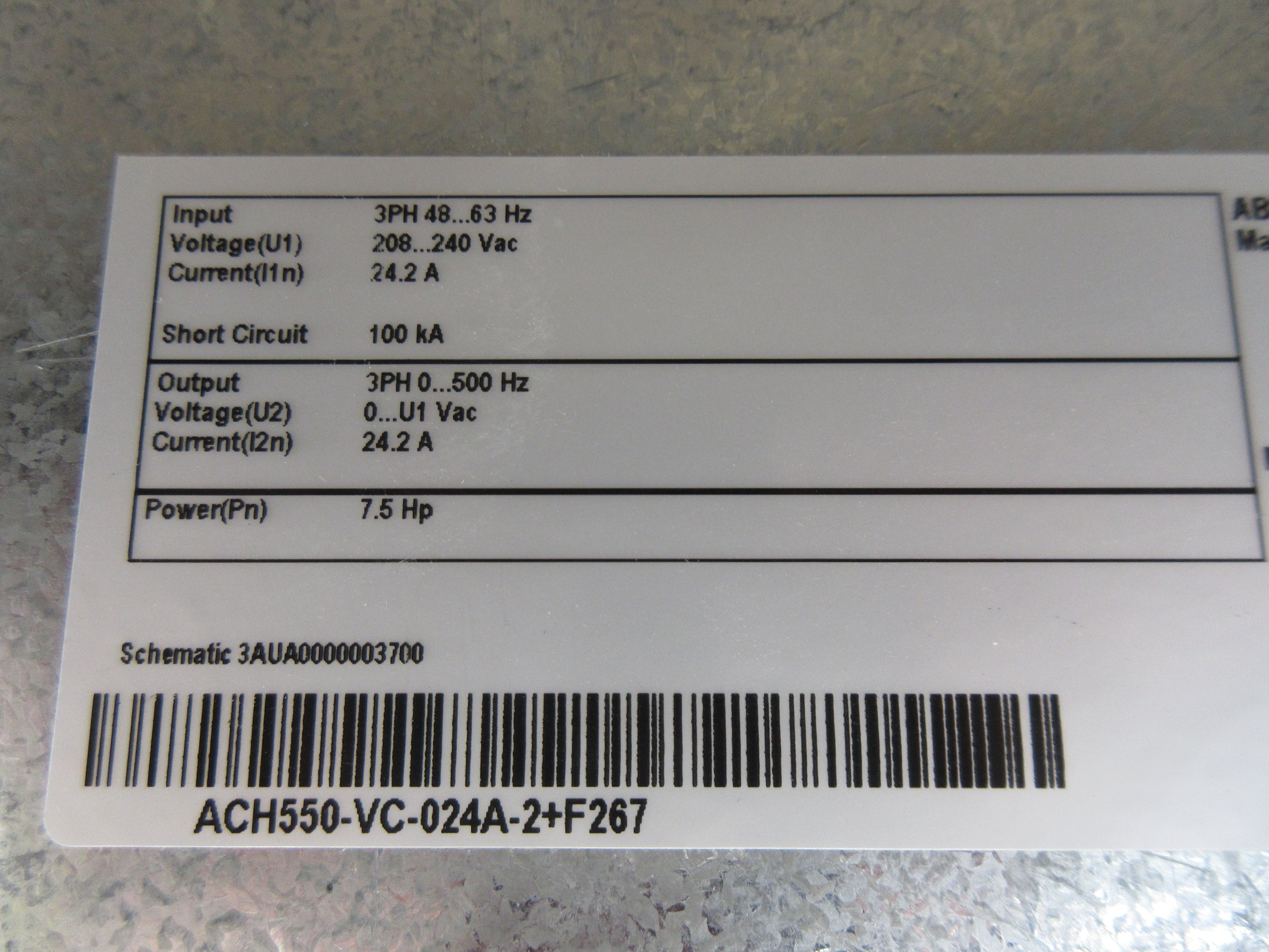 ABB ACH550 AC Drive w/ Bypass ACH550-VC-024A-2+F267 7.5HP 3Ph w/ Keypad Used