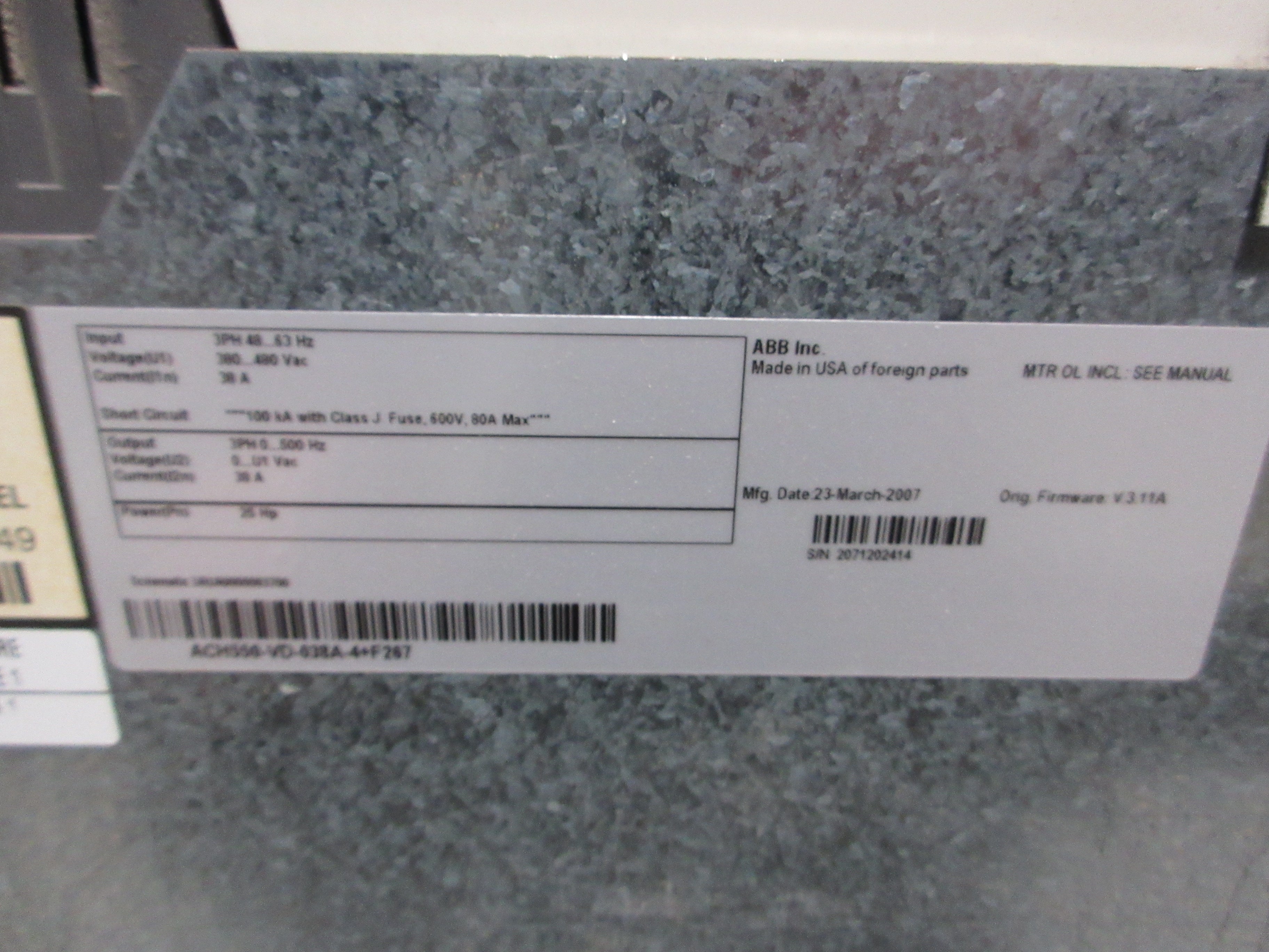 ABB ACH550 AC Drive w/ Bypass ACH550-VD-038A-4+F267 25HP 3Ph w/ Keypad Used