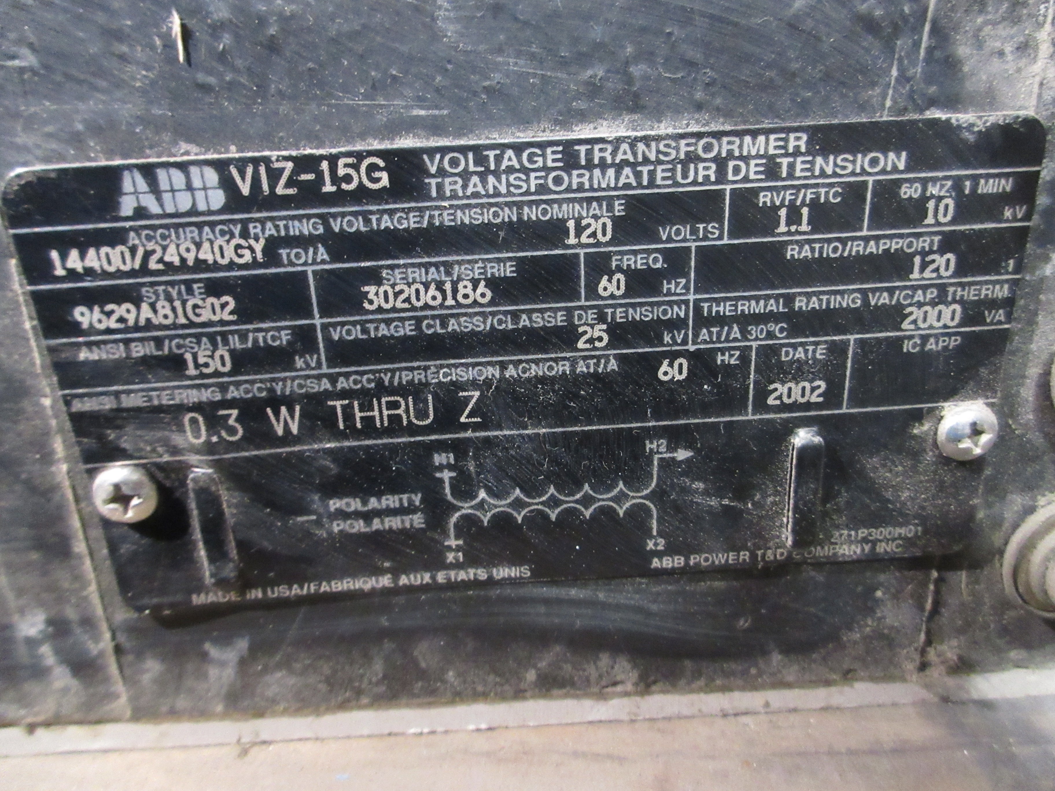 ABB VIZ-15G Voltage Transformer 9629A81G02 Ratio 120:1 Pri: 24940GY/14400V 60Hz