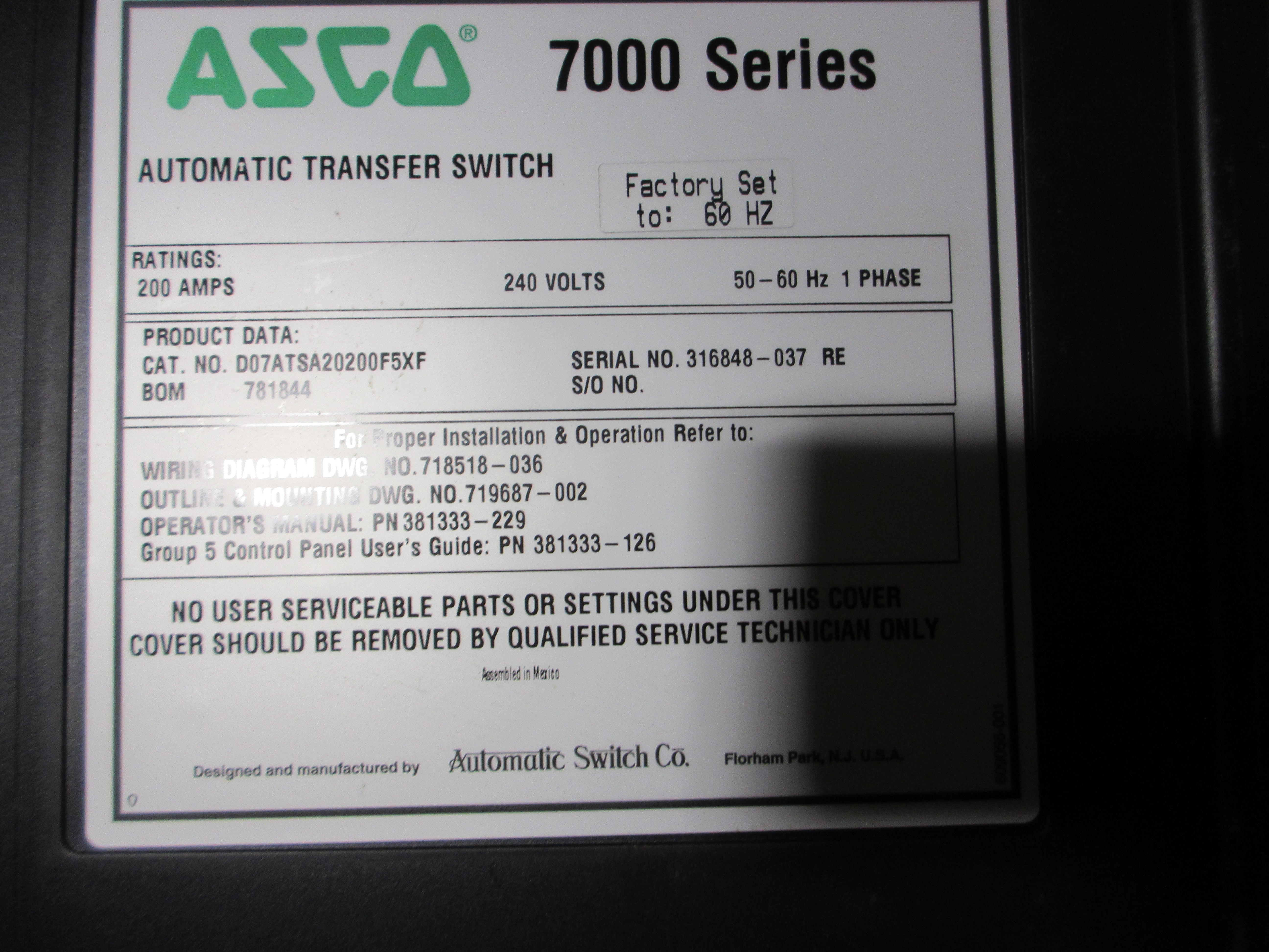 Asco7000 Series Automatic Transfer Switch D07ATSA20200FSXF 200A 240V 60/60Hz Used