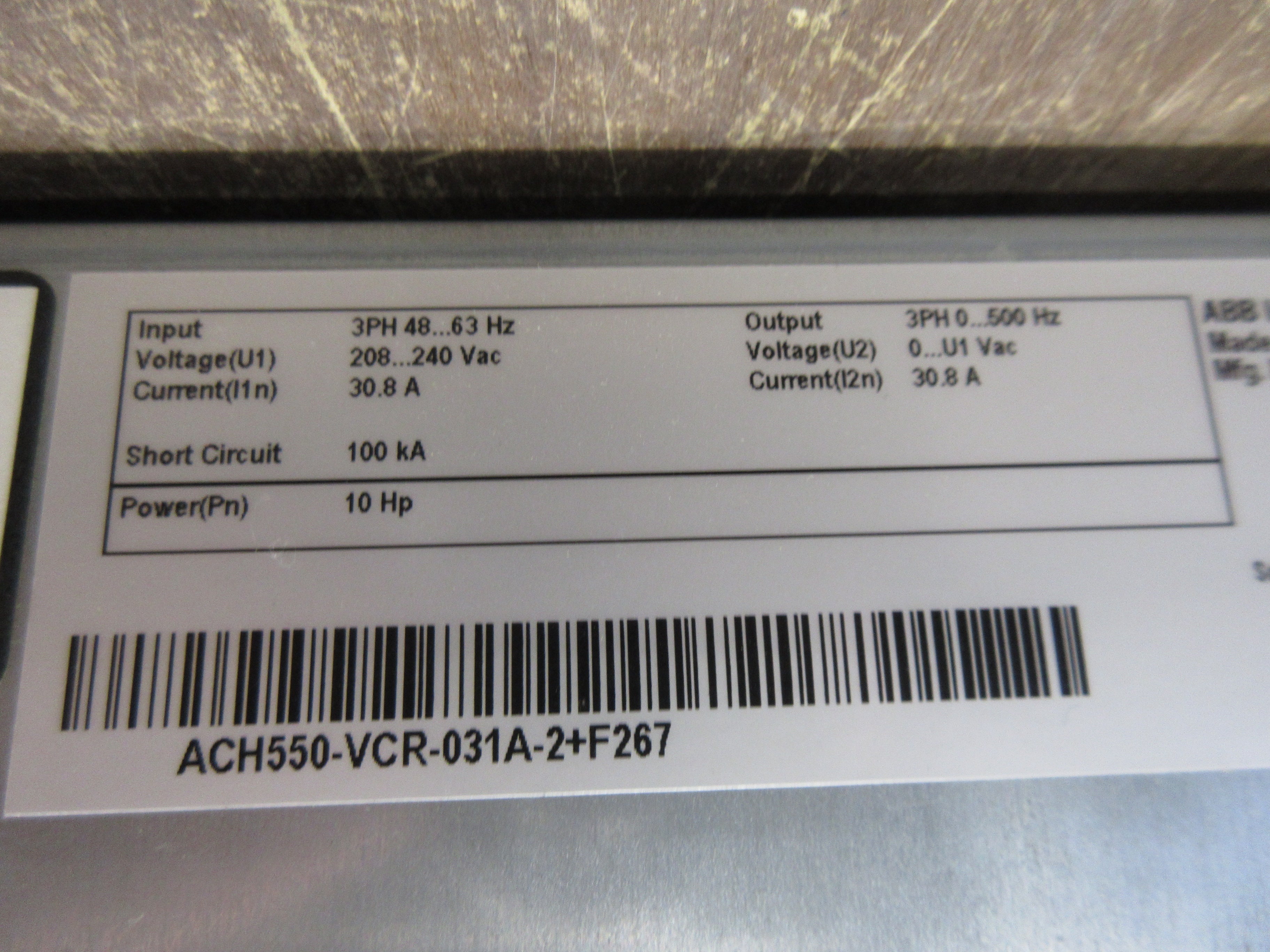 ABB ACH550 AC Drive w/Bypass ACH550-VCR-031A-2+F267 10HP 3Ph Used