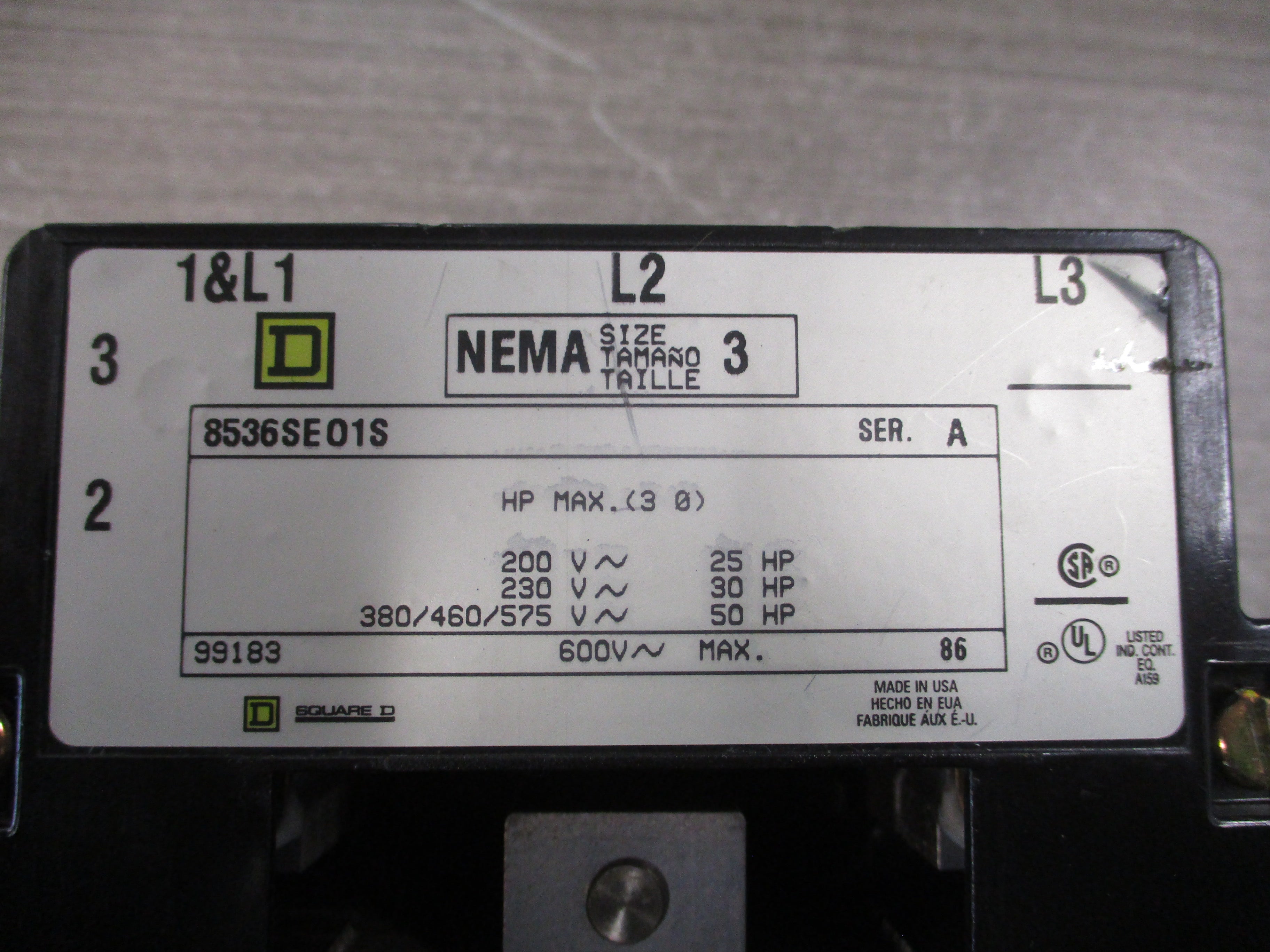 Square D Size 3 Starter 8536SEO1S Ser. A 600V *No Coil* Used