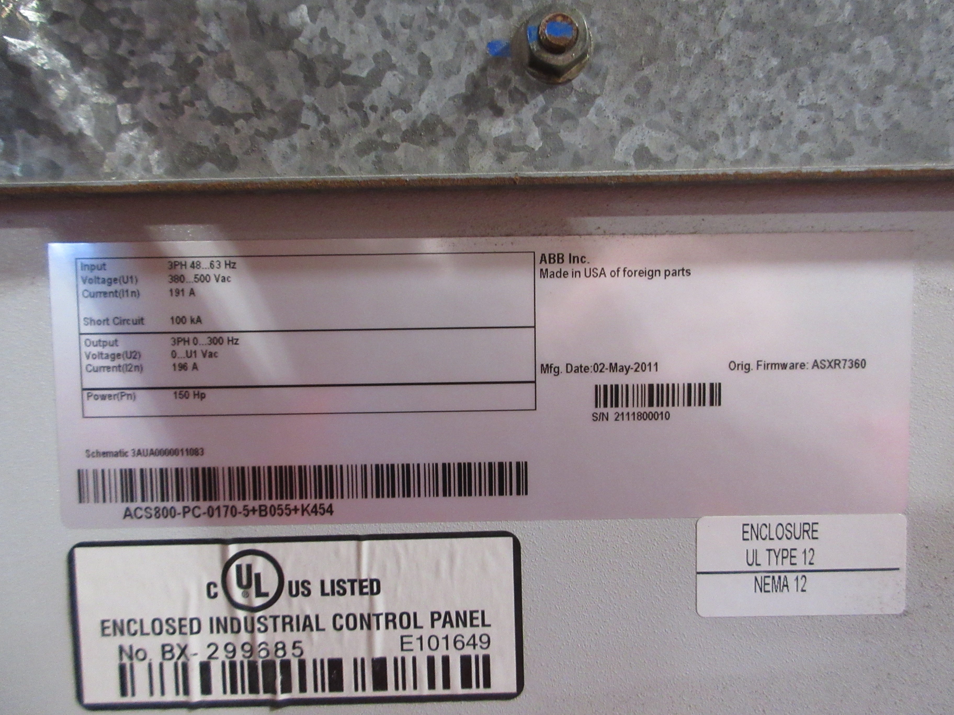 ABB ACS800 AC Drive ACS800-PC-0170-5+B055+K454 150HP 3Ph Breaker Disconnect Used