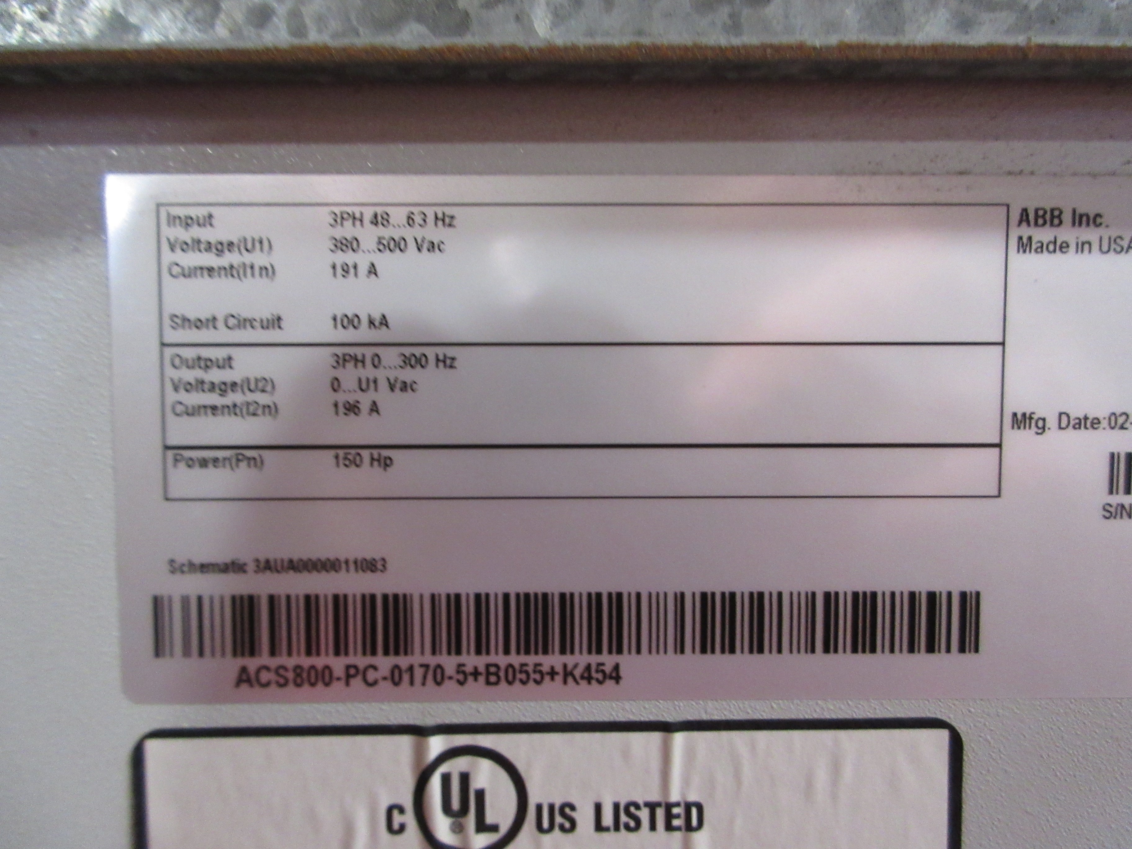 ABB ACS800 AC Drive ACS800-PC-0170-5+B055+K454 150HP 3Ph Breaker Disconnect Used