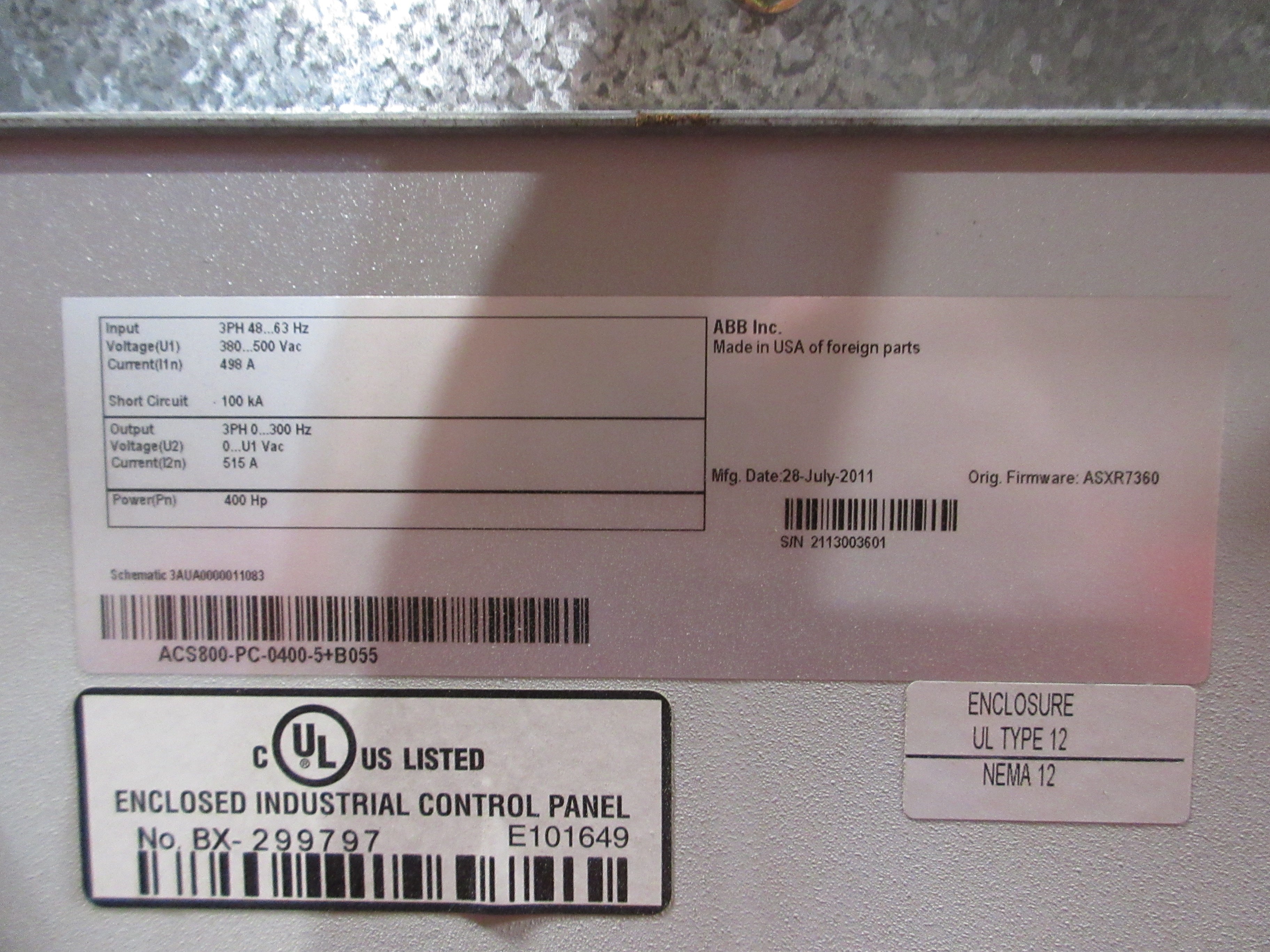 ABB ACS800 AC Drive ACS800-PC-0400-5+B055 400HP 3Ph Breaker Disconnect Used