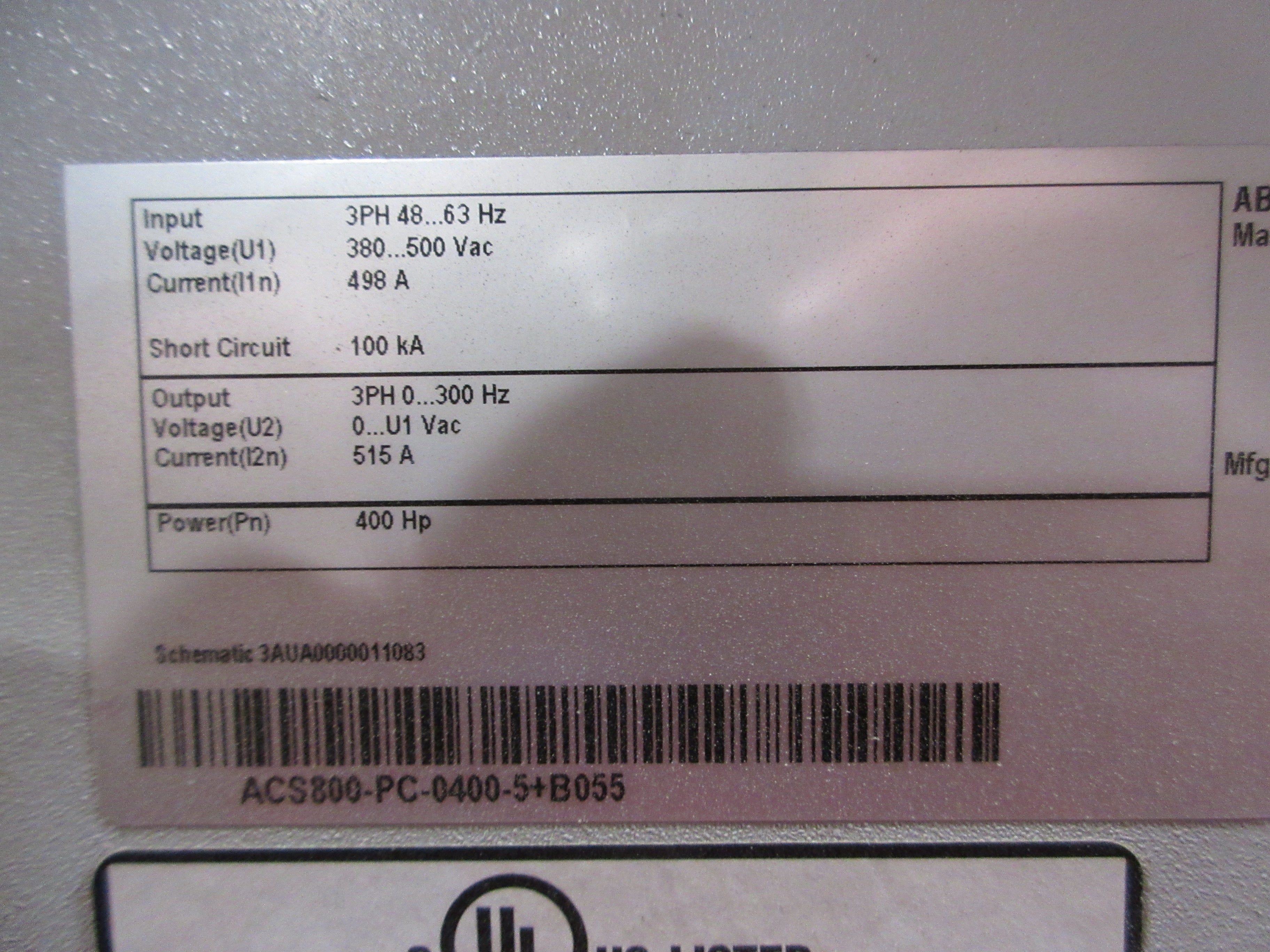 ABB ACS800 AC Drive ACS800-PC-0400-5+B055 400HP 3Ph Breaker Disconnect Used