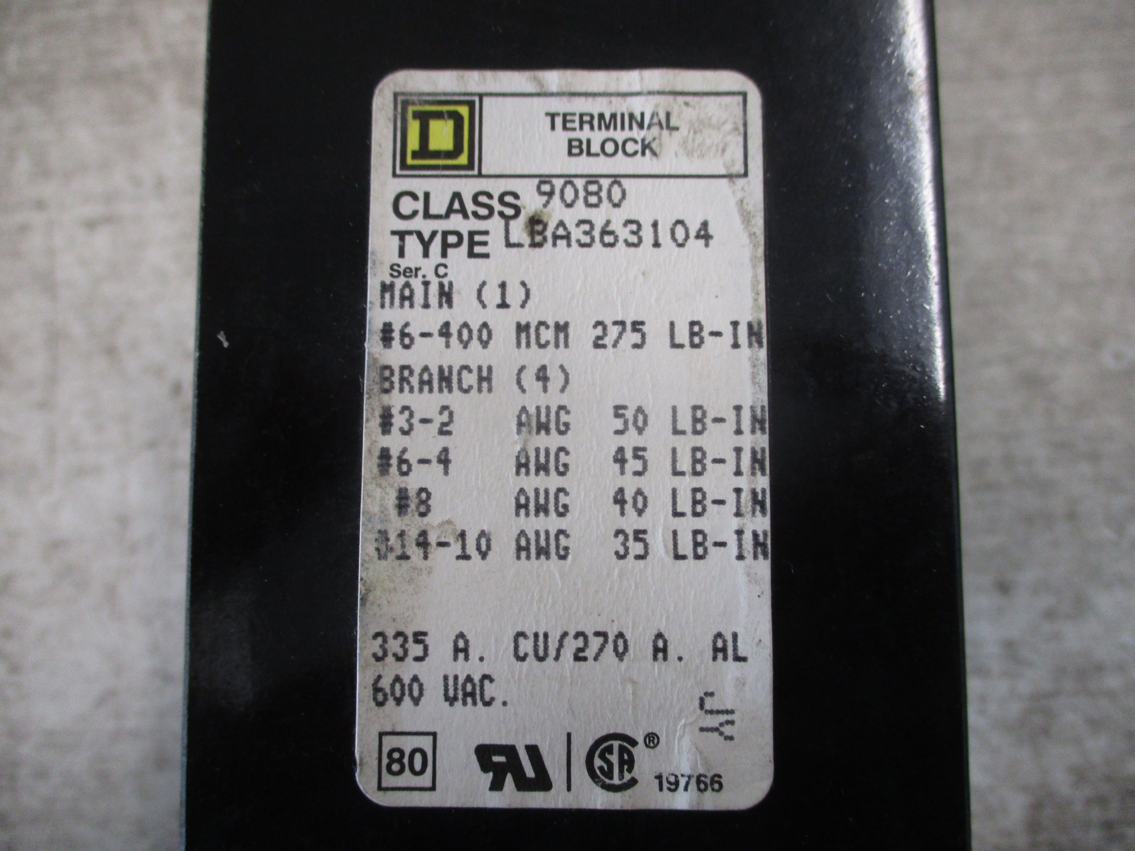 Square D Terminal Block 9080 LBA363104 335A 600V 3P Line(1): #6-400 MCM