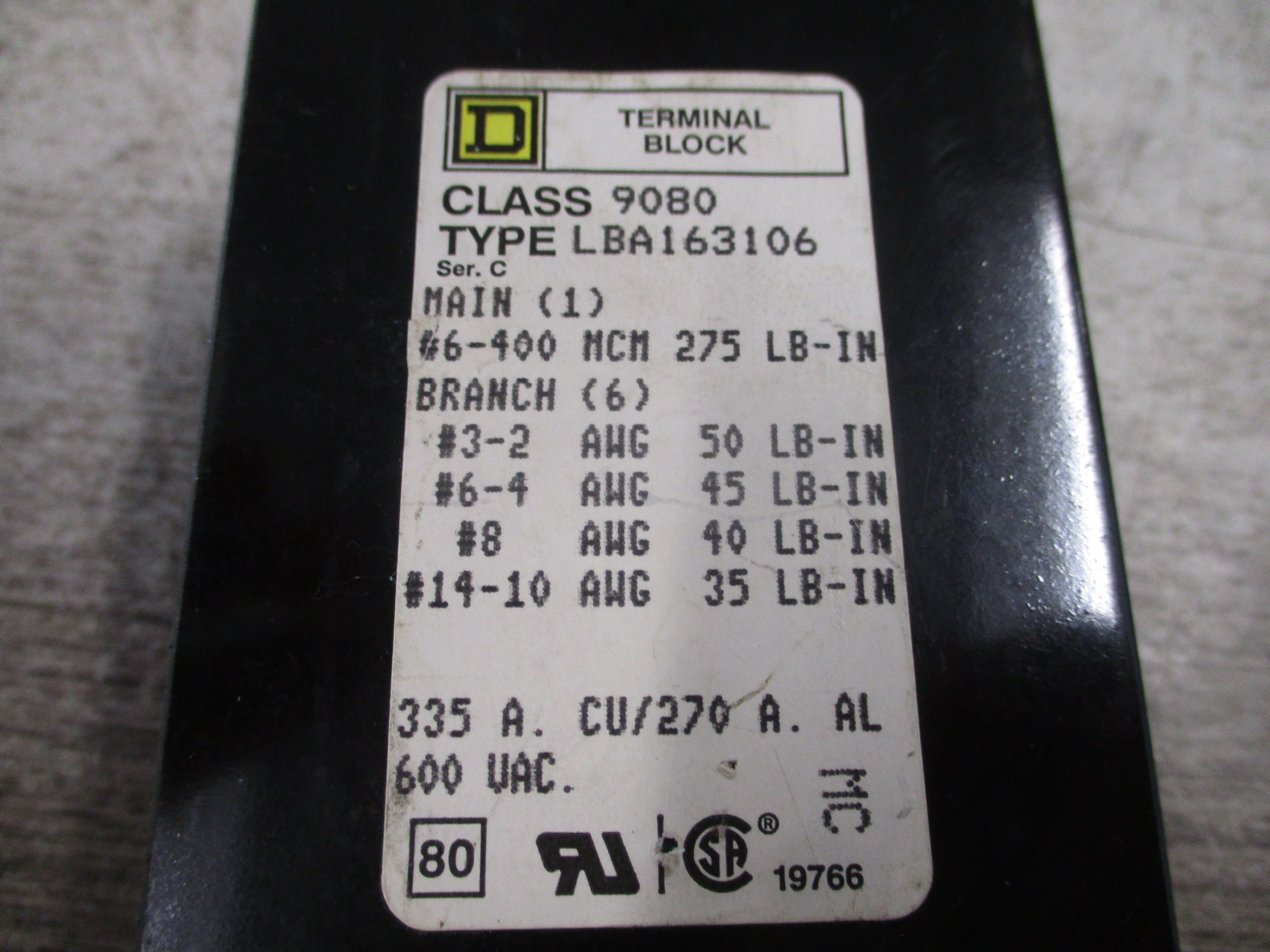 Square D Terminal Block 9080LBA163106 335A 600V 1P Line (1): #6-400